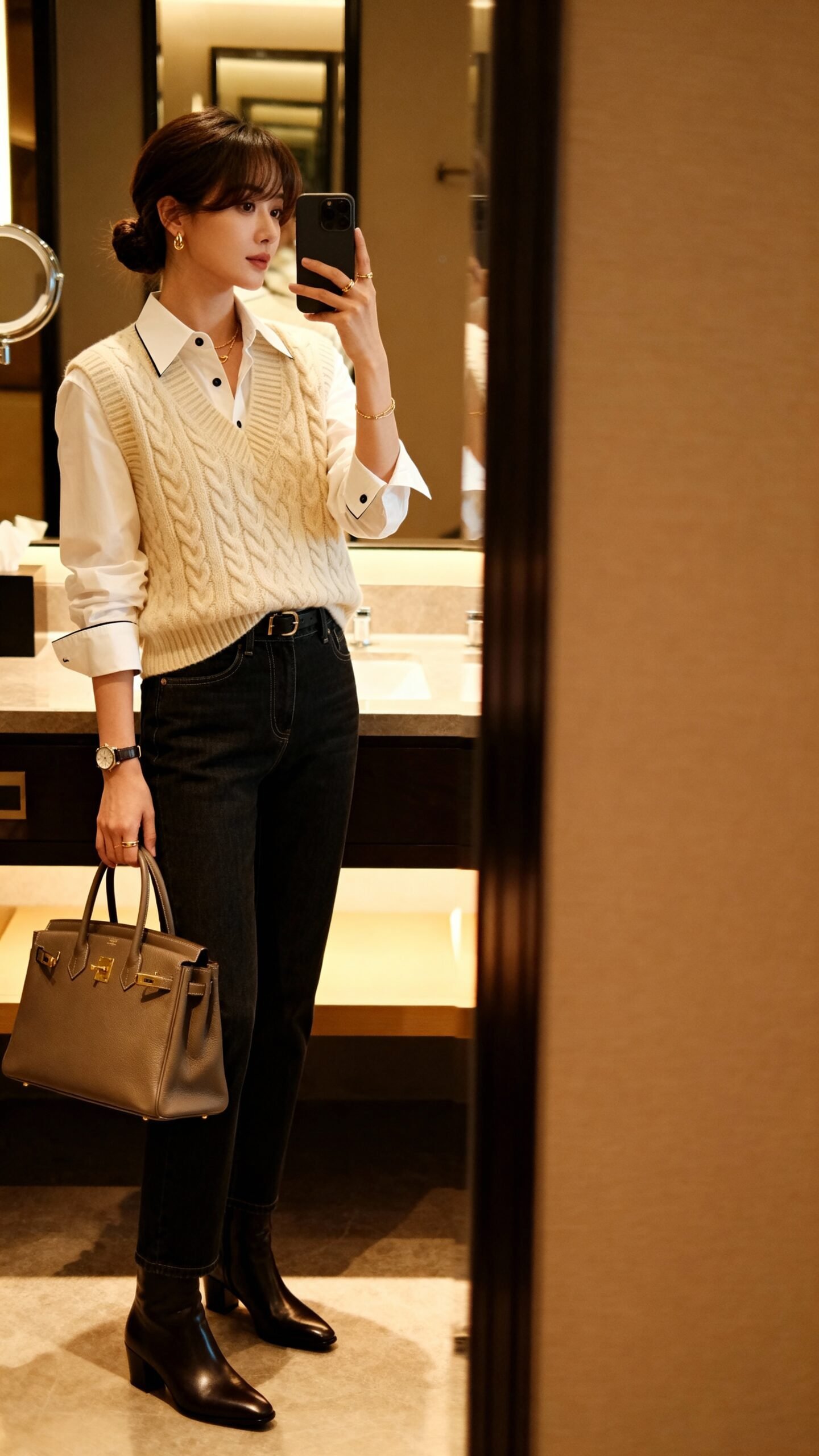 layered preppy winter airport outfit