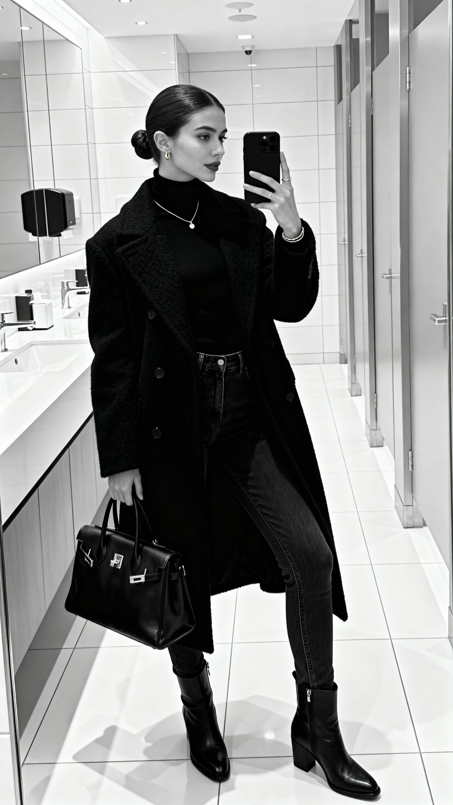 minimalist monochrome winter airport ensemble