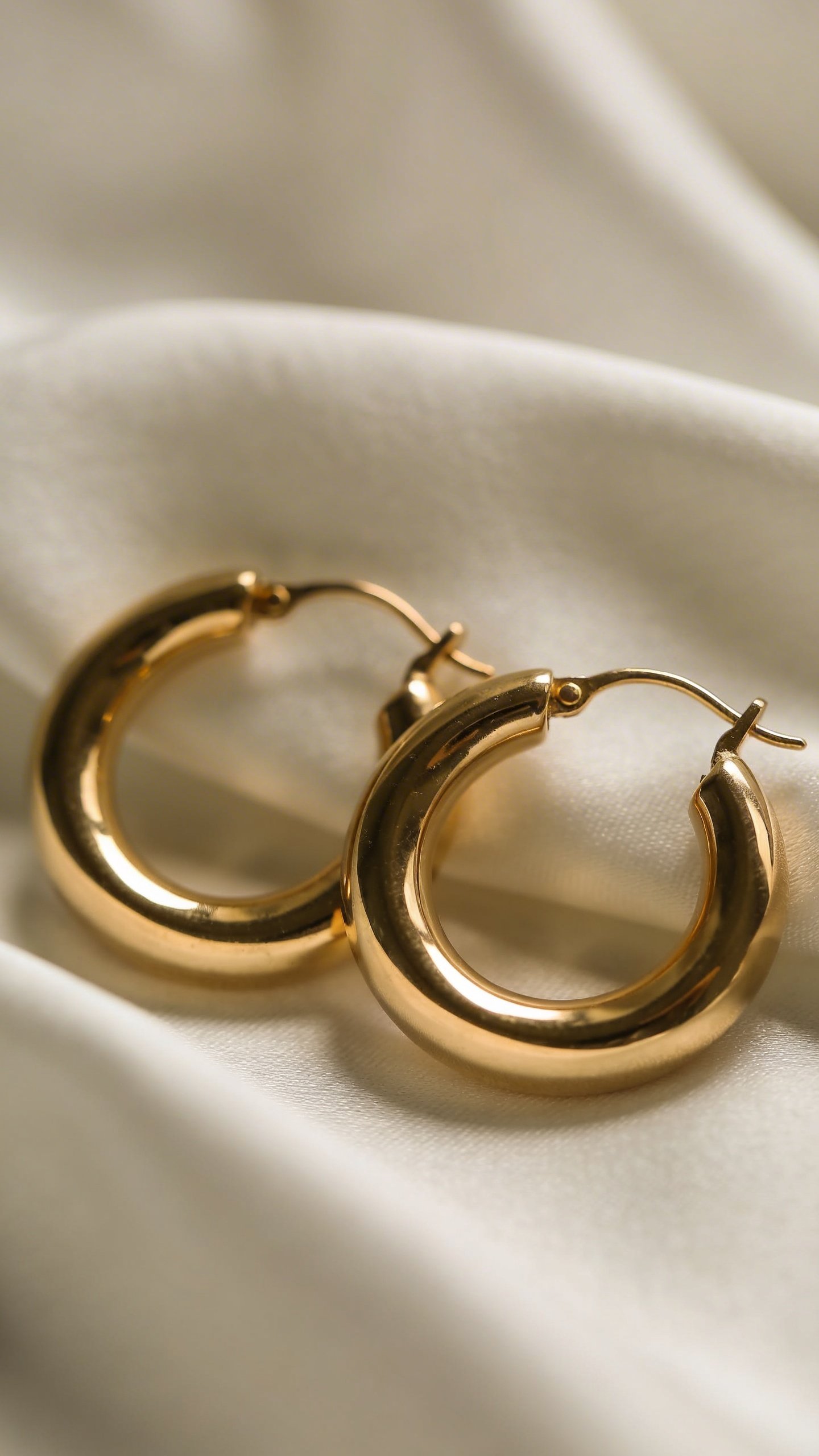 Closeup of chunky gold hoop earrings on white silk