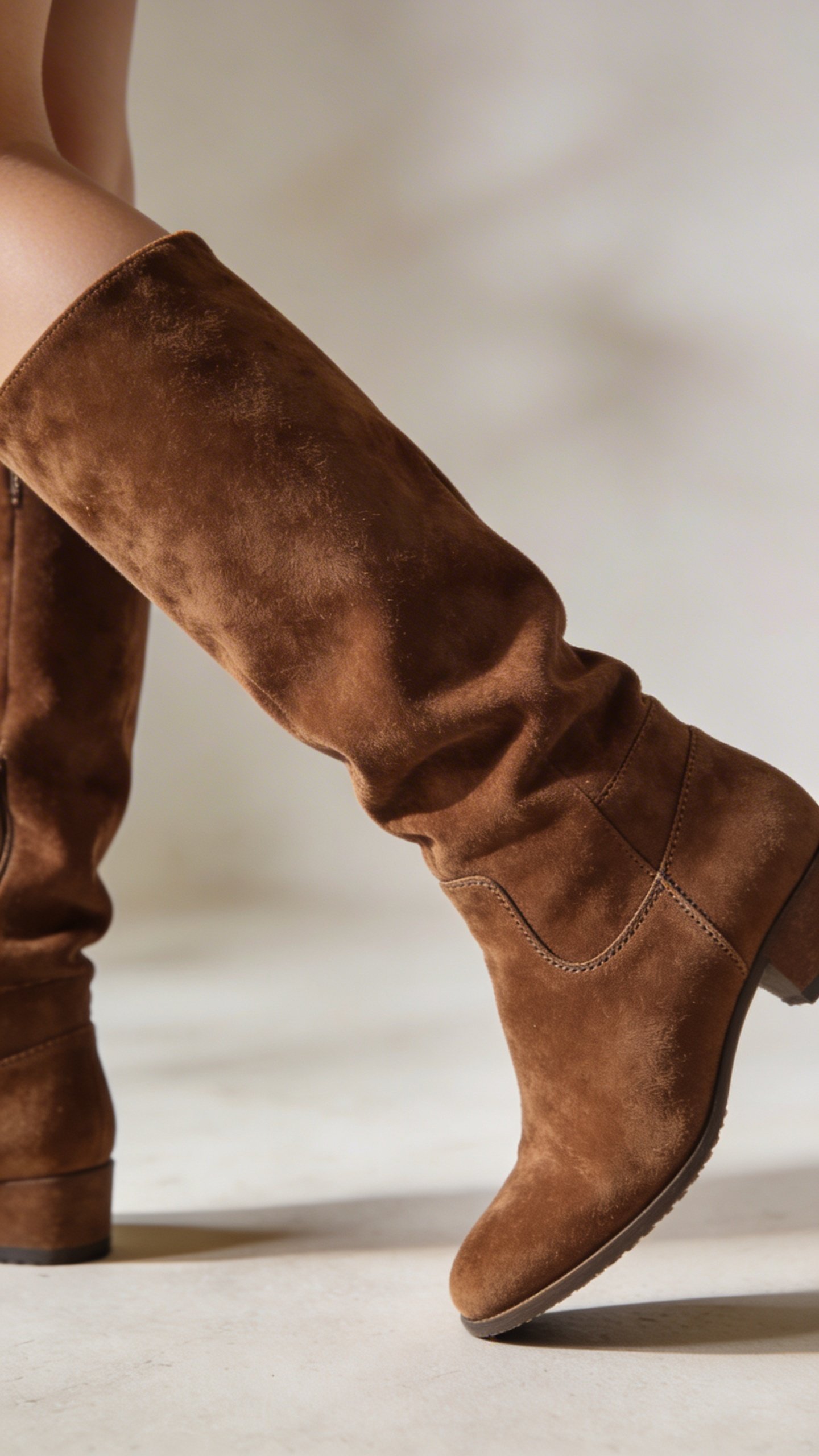 Closeup of brown suede mid calf boots on legs