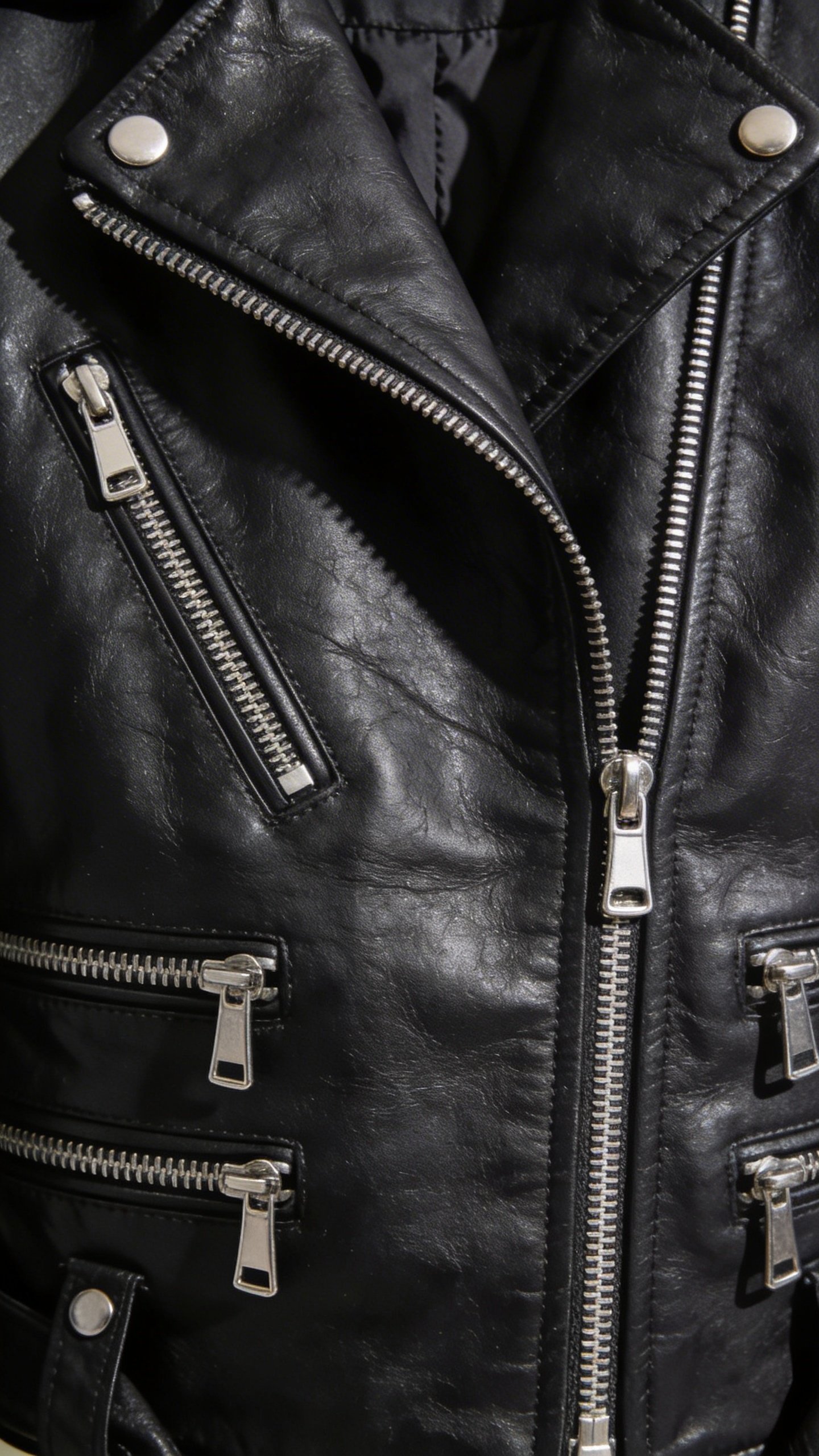 Closeup of black leather jacket with silver zippers