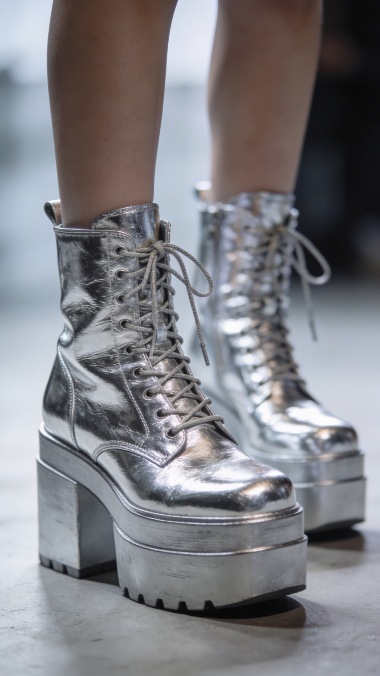 Metallic silver platform boots fashion photography closeup