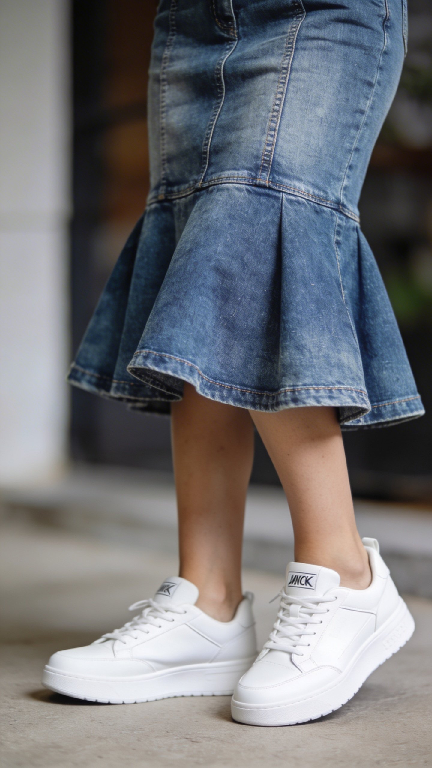 Closeup of denim dress with white sneakers outfit
