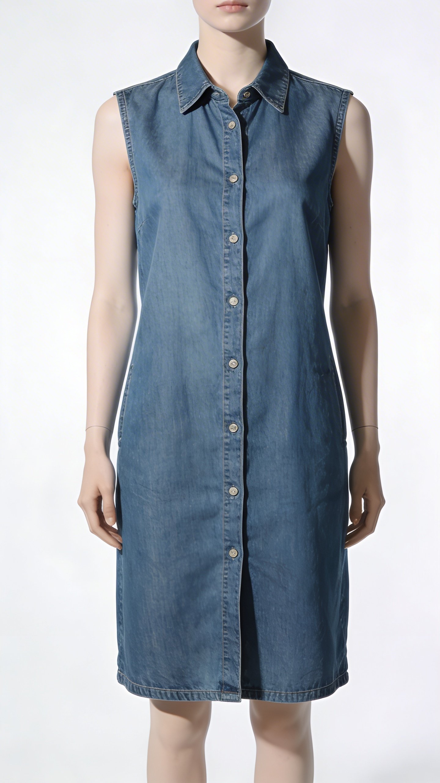 Sleeveless denim shirtdress on mannequin, studio lighting