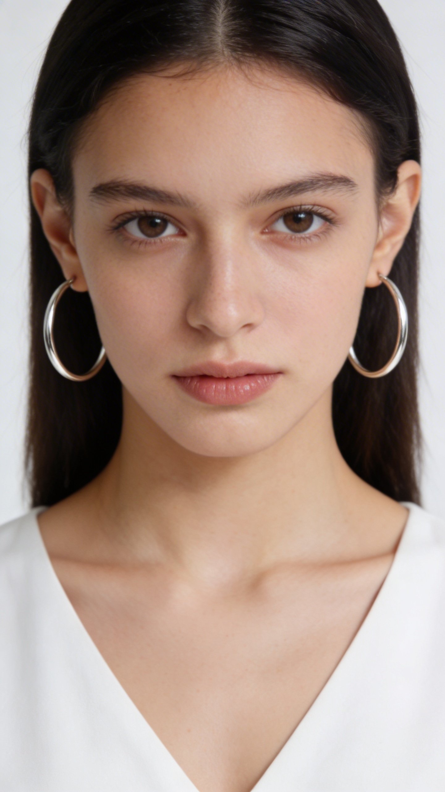 Silver hoop earrings on model with v-neck top