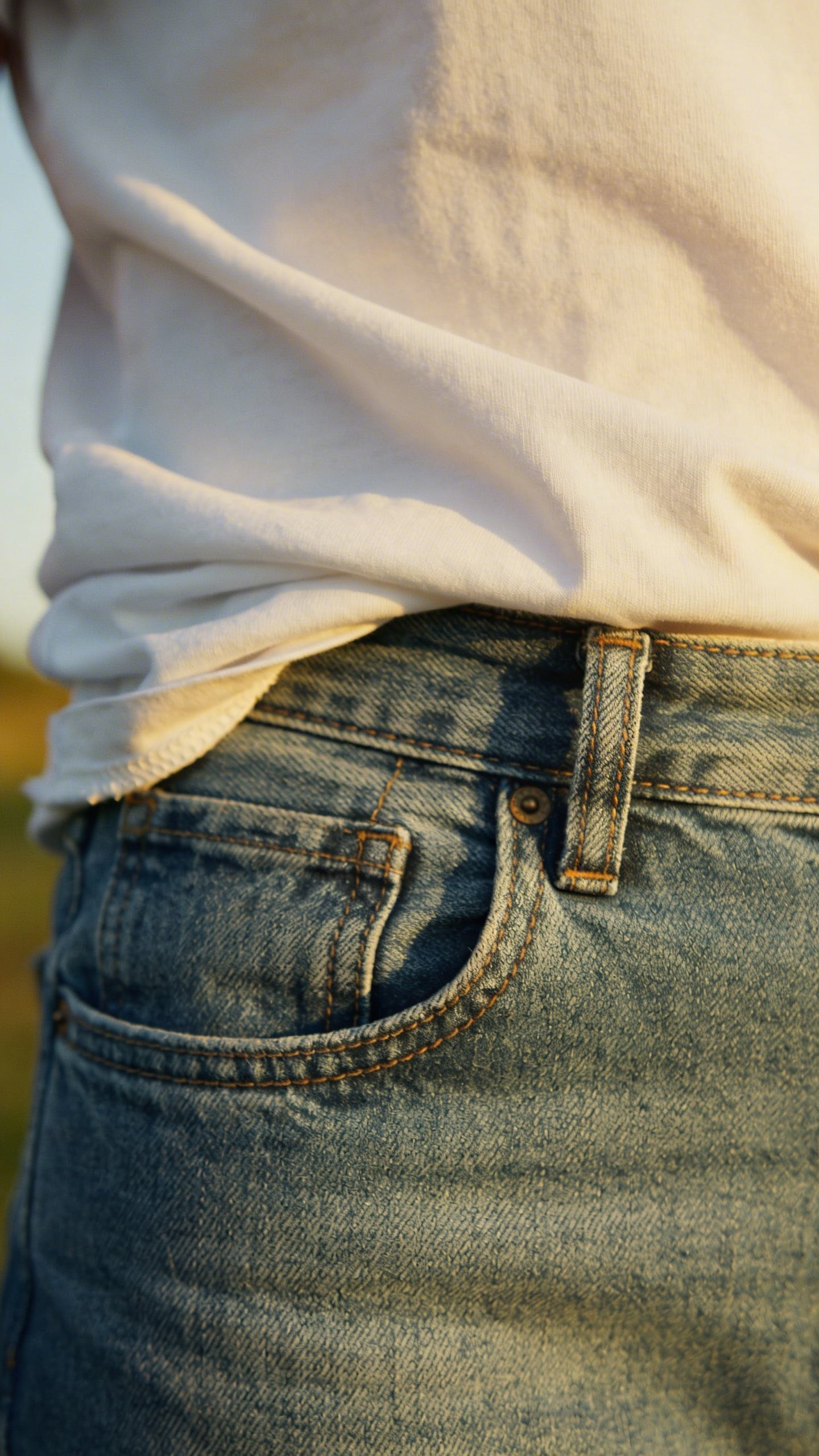 Closeup of blue jeans with white tee tucked in