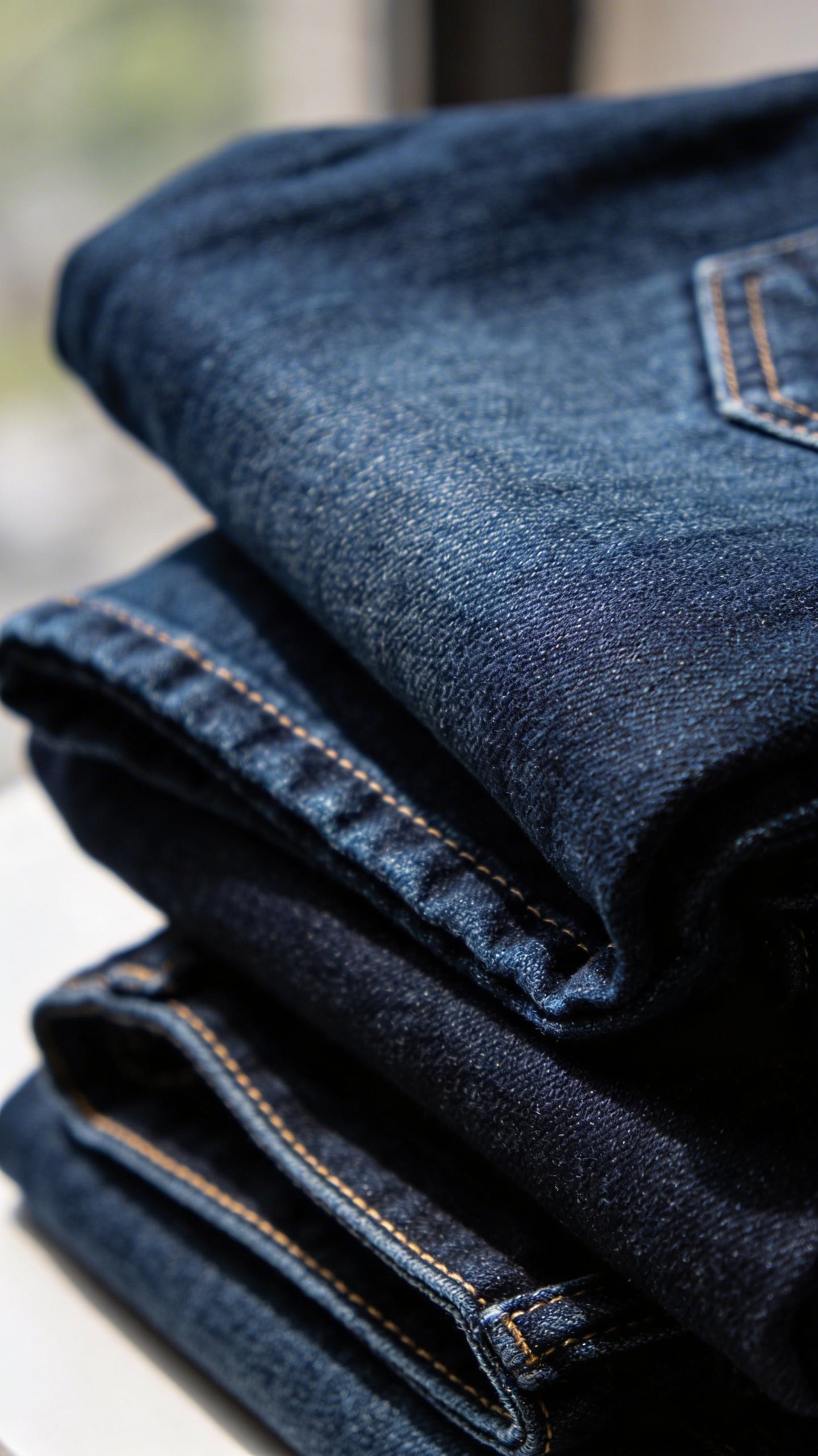 Closeup of folded dark wash denim jeans