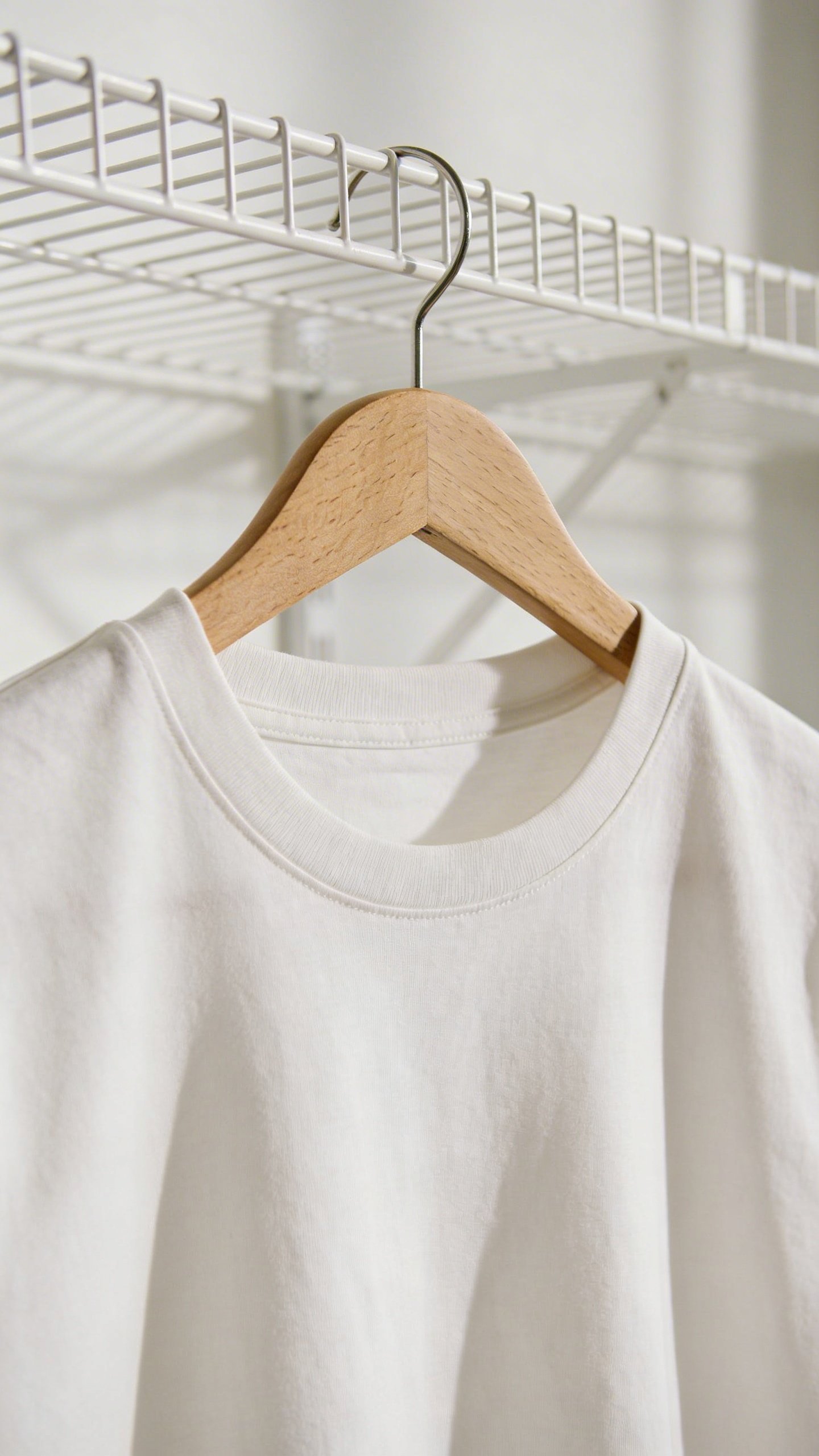 White crew neck t-shirt on wooden hanger