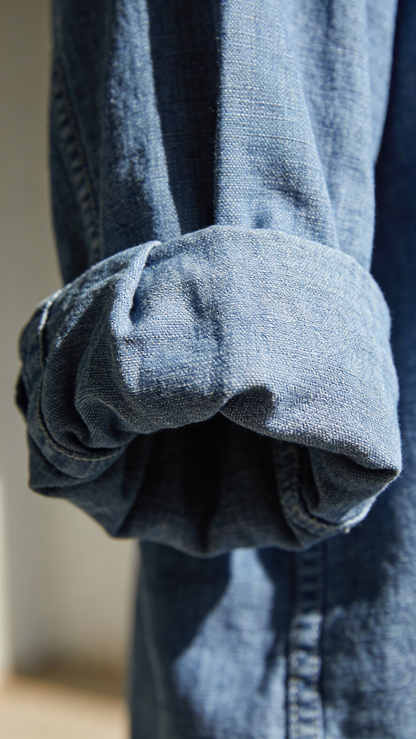 Rolled-up denim shirt sleeves showing chambray texture detail
