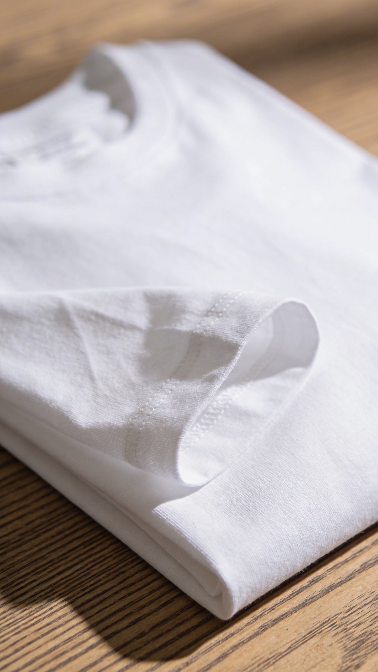 Closeup of folded white cotton t-shirt on wood surface