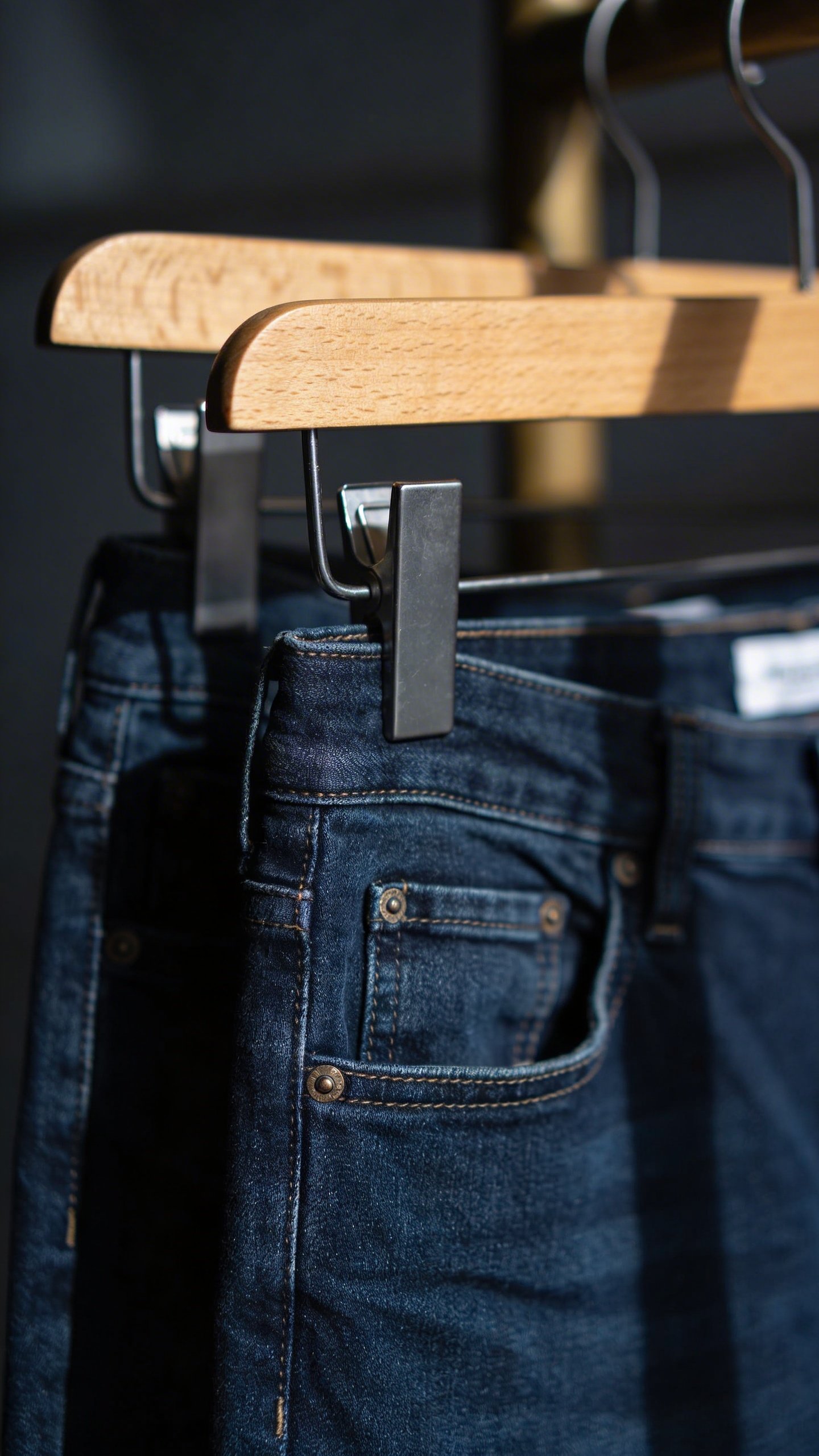 Dark wash denim jeans hanging on wooden hanger