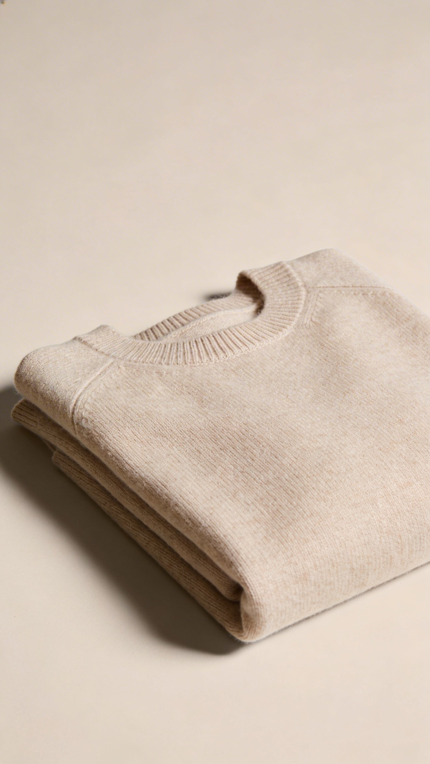 Neutral beige cashmere sweater neatly folded flat lay