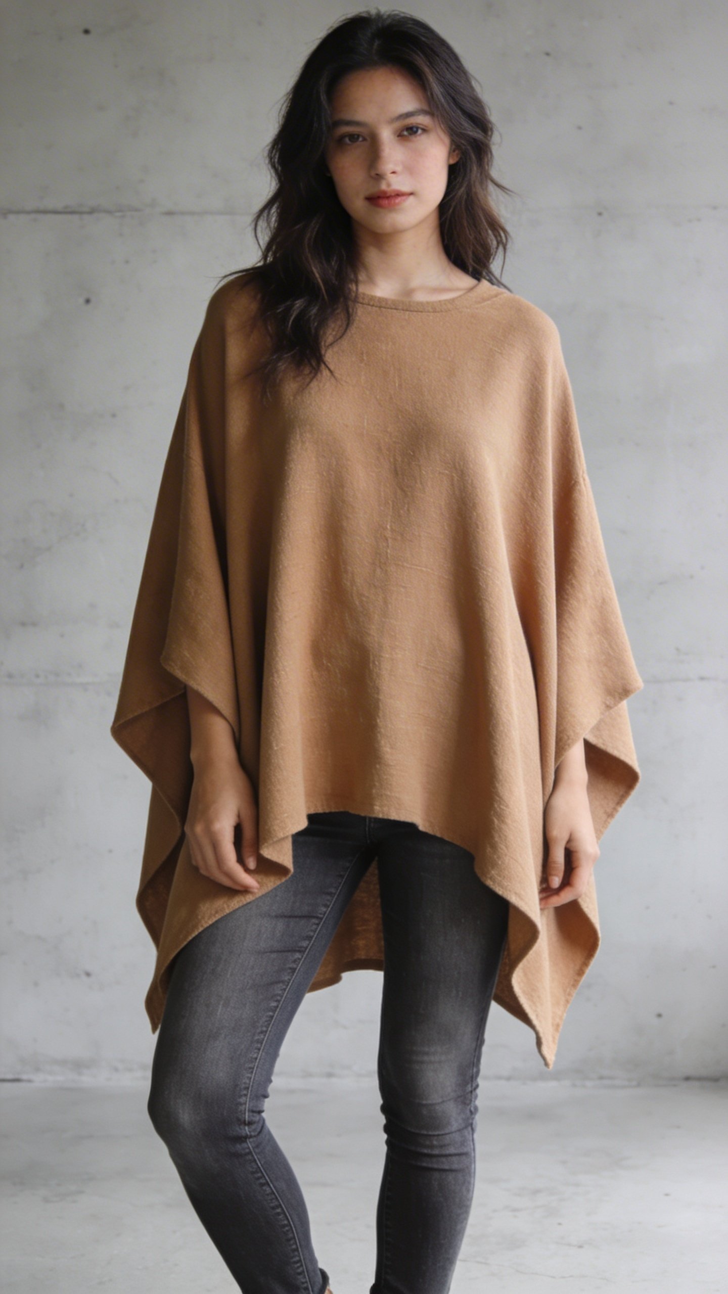 Woman wearing camel hip-length poncho, fitted jeans