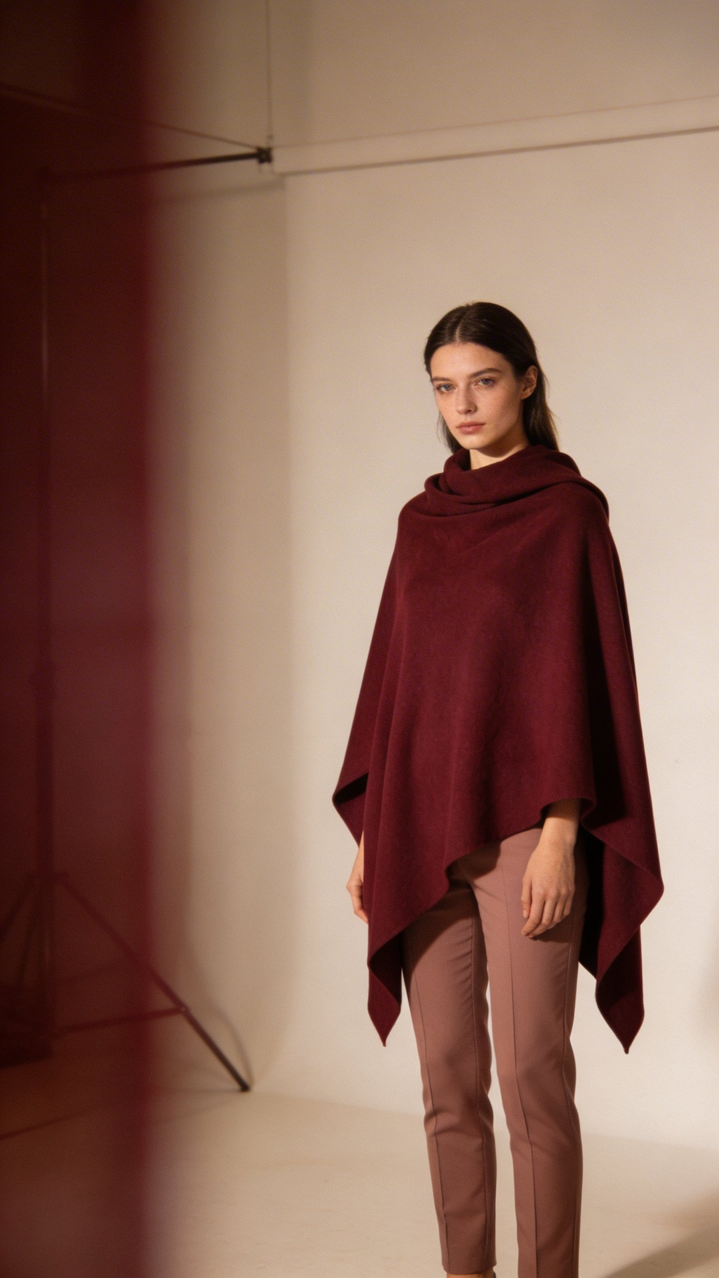 Model in burgundy poncho styled with slim pants