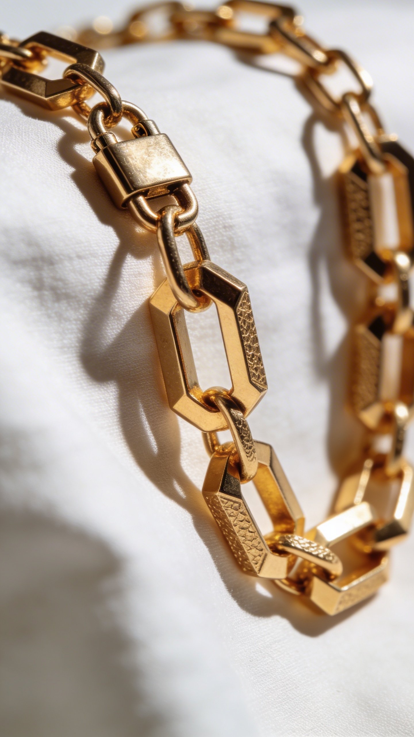 Closeup of chunky gold statement necklace on white fabric