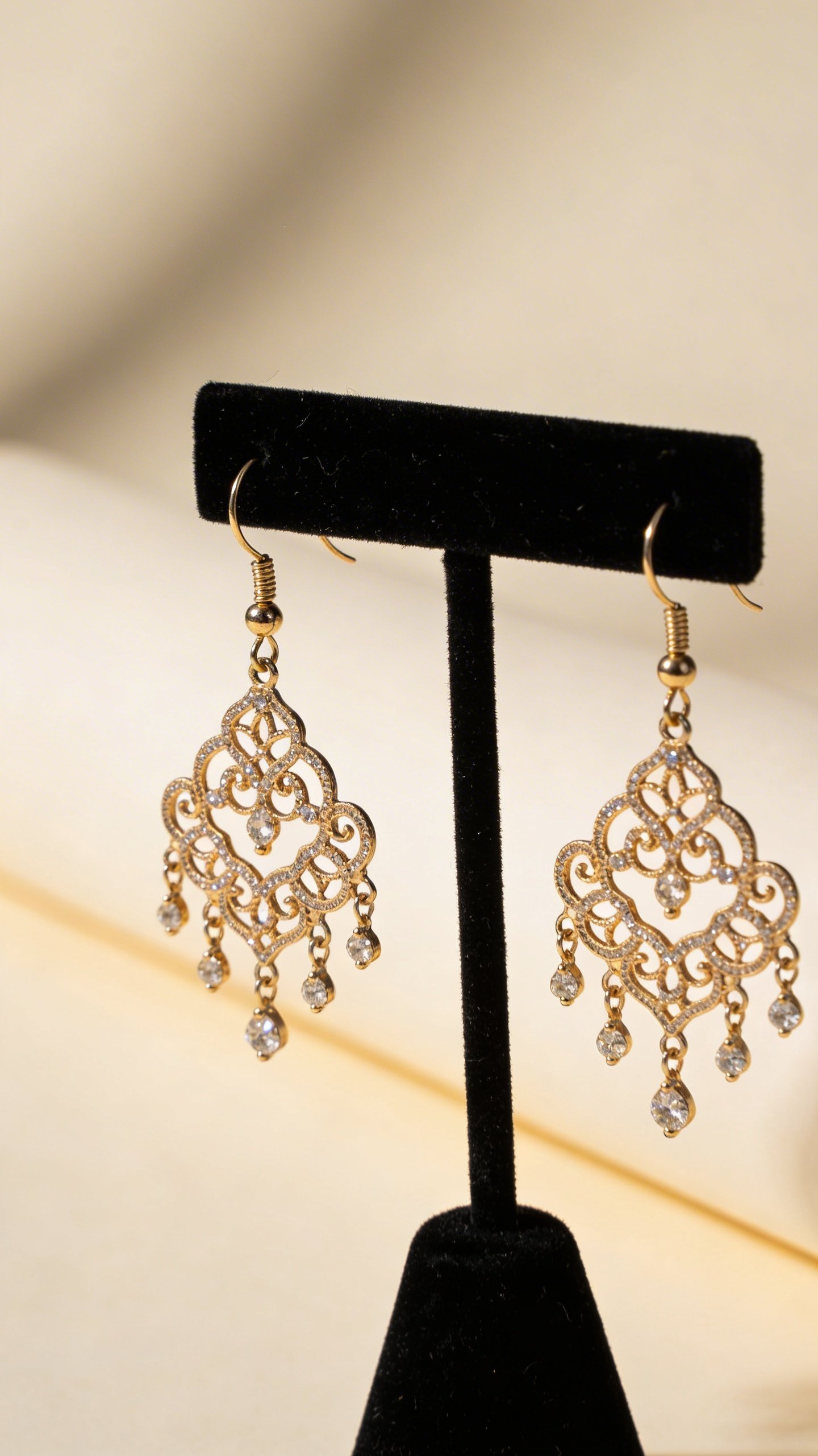 Oversized chandelier earrings on jewelry display stand, elegant