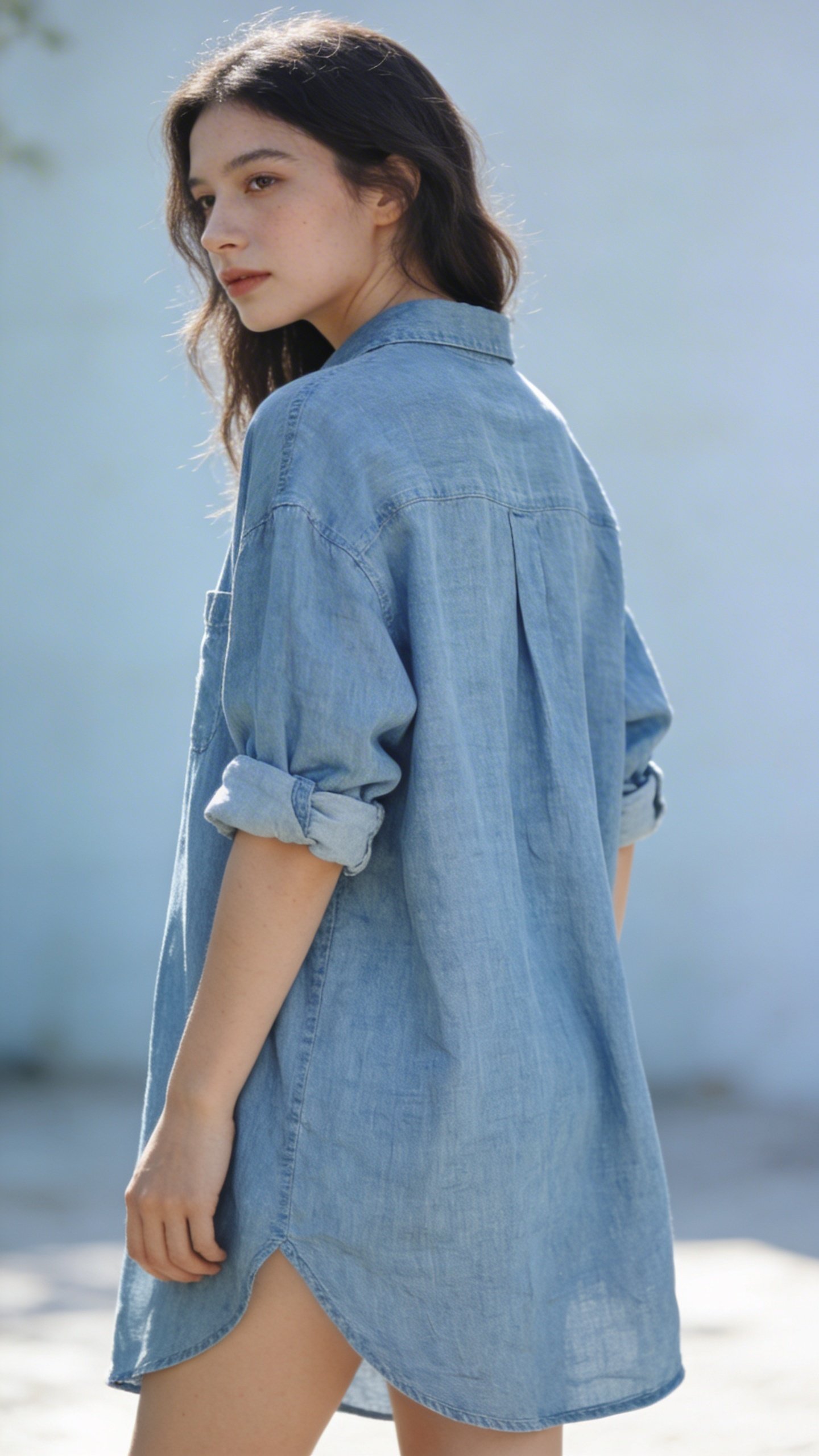 Side view of woman wearing loose chambray shirt styled