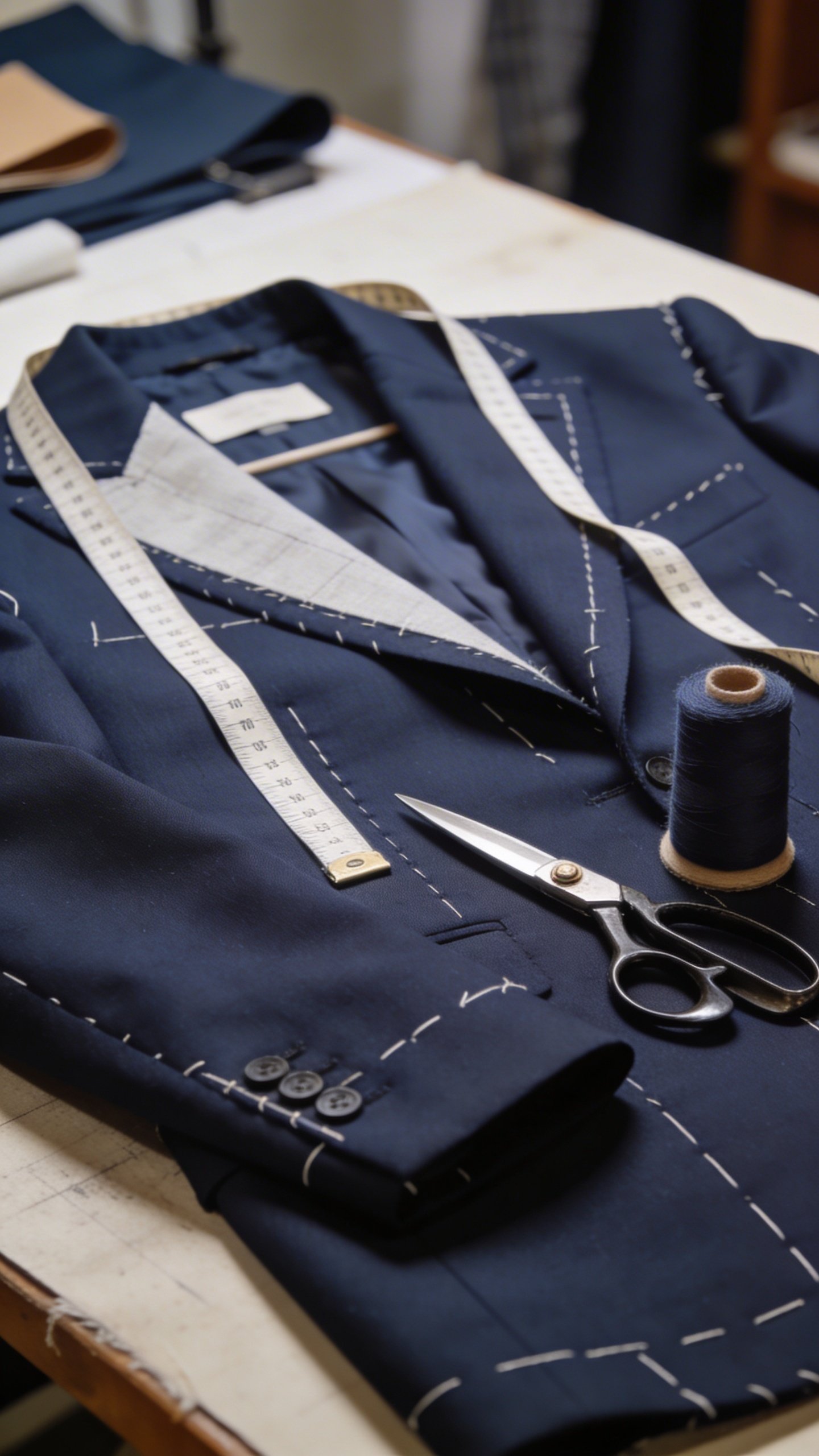 Closeup of navy blazer being tailored with measuring tape
