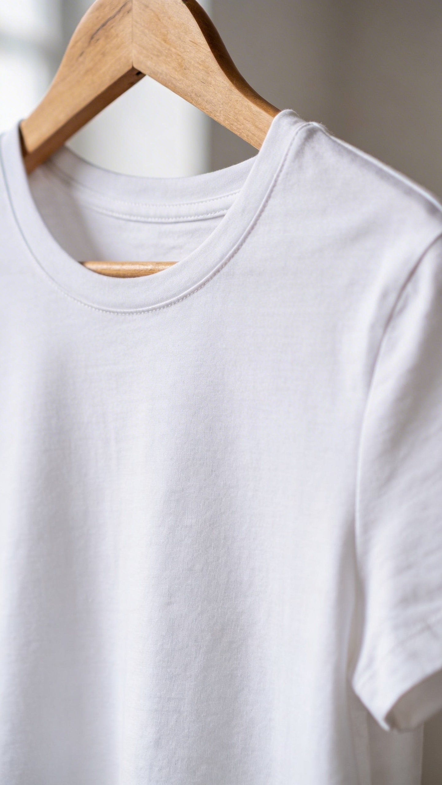 Well-fitted white t-shirt on wooden hanger detail