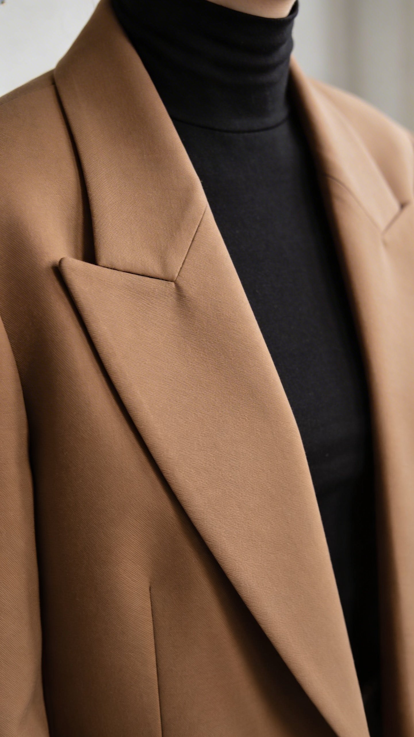 Fitted black turtleneck under camel structured blazer closeup