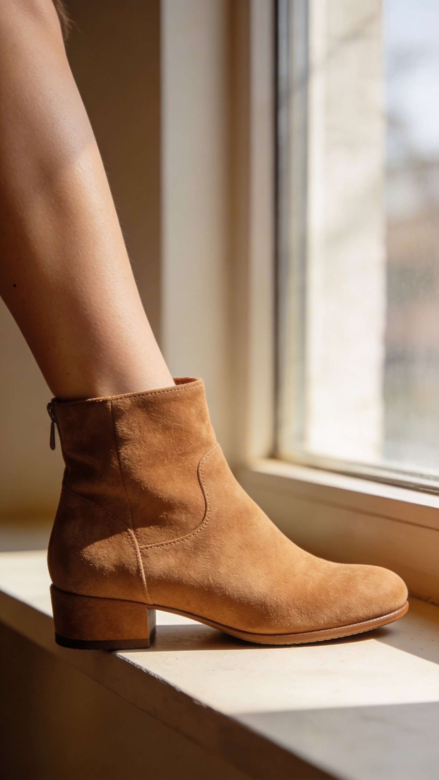 Single woman's leg wearing tan suede ankle boot