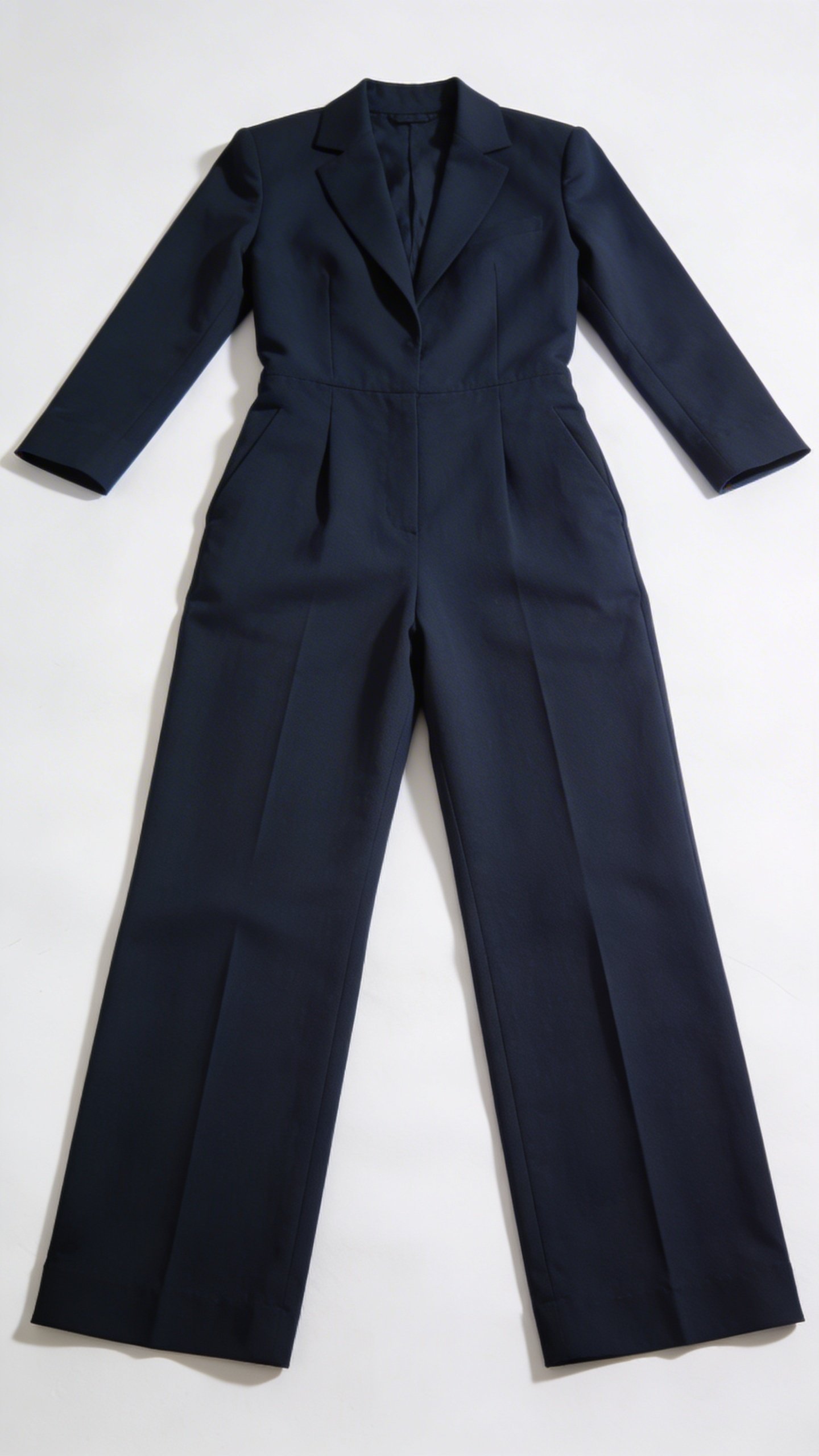 Navy blue tailored jumpsuit on white background flatlay