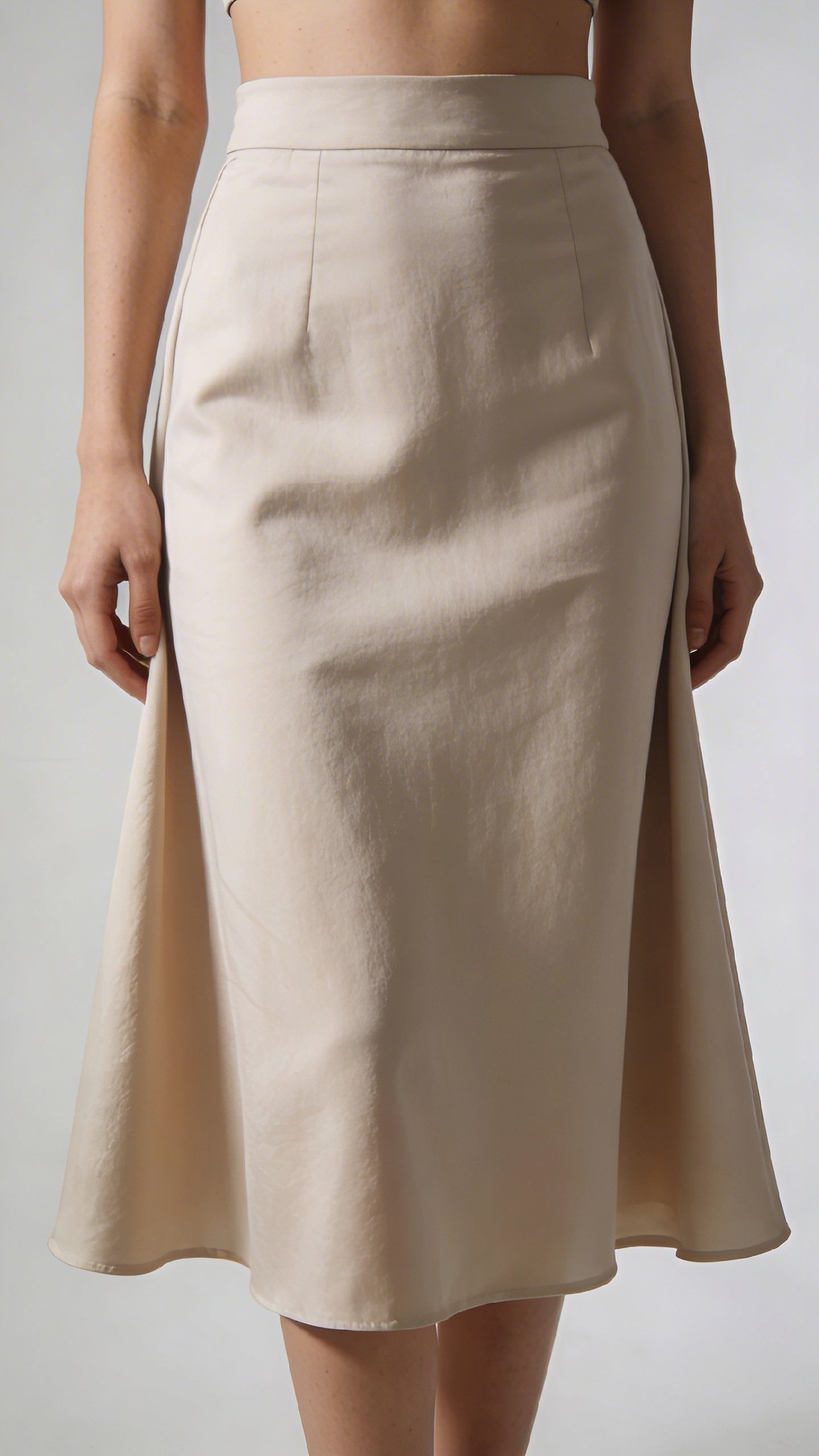 Woman wearing high-waisted A-line skirt, front view closeup