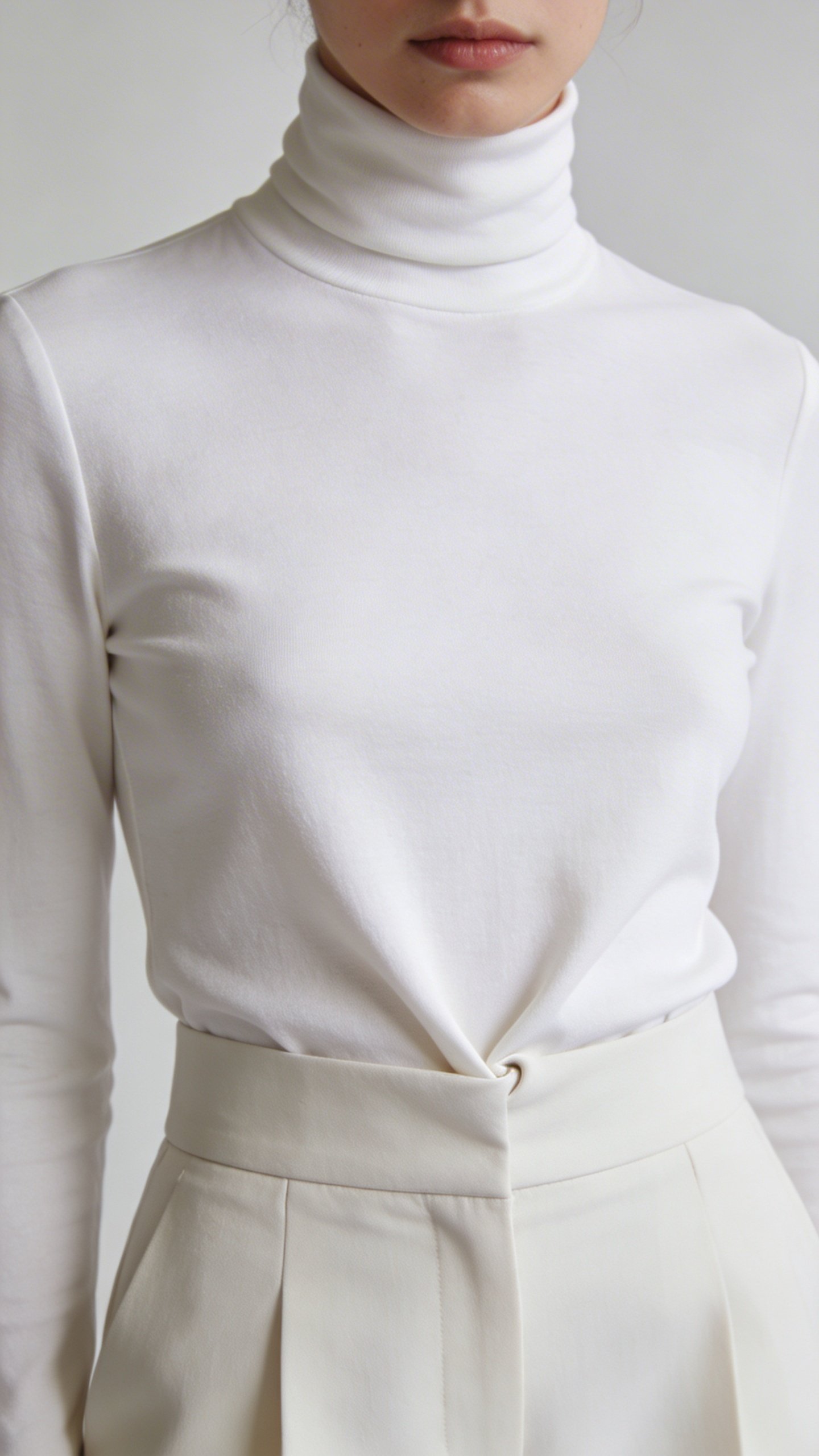 Fitted white turtleneck tucked into high-waisted trousers closeup