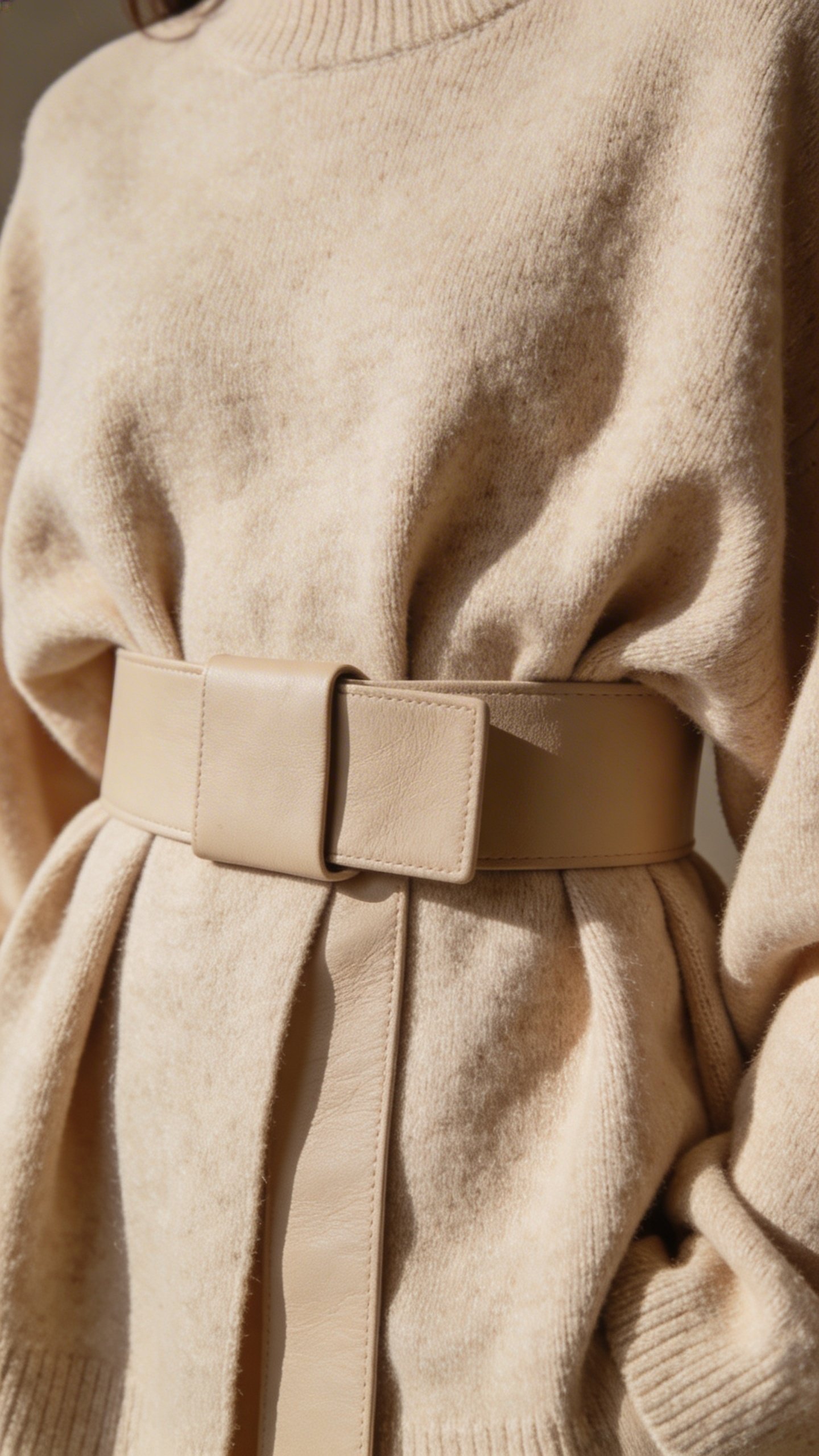 Oversized beige sweater with structured belt detail shot