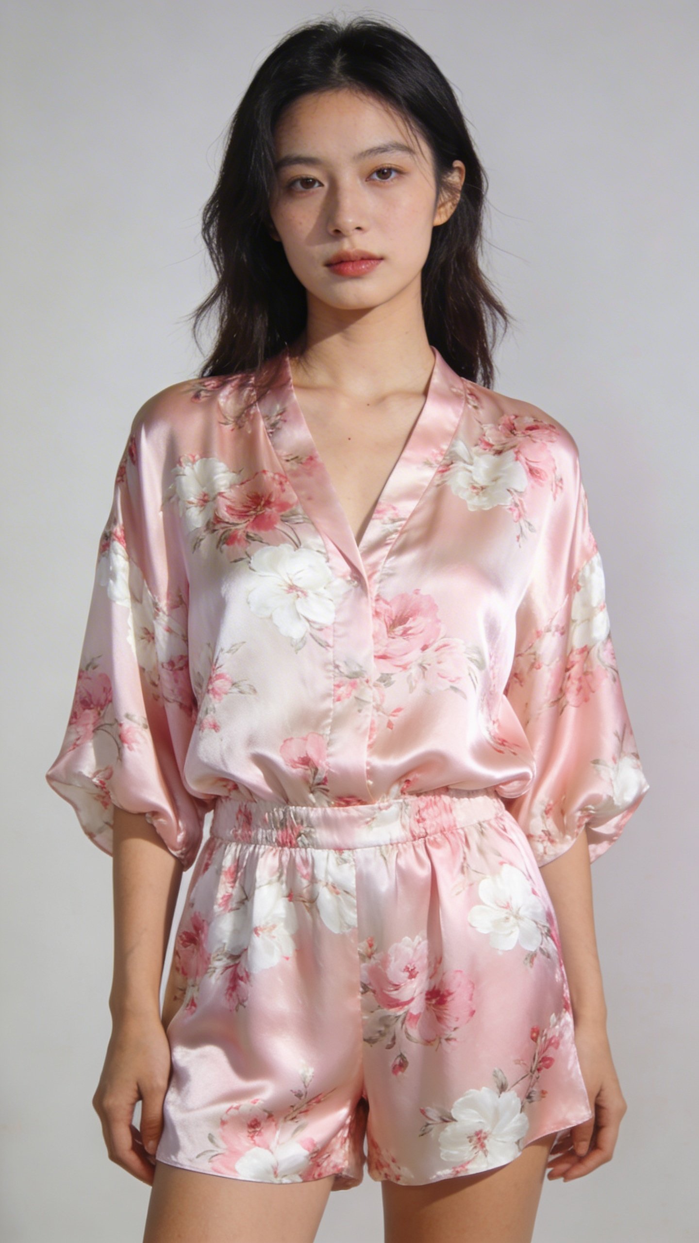 Woman wearing floral silk romper, waist-up shot