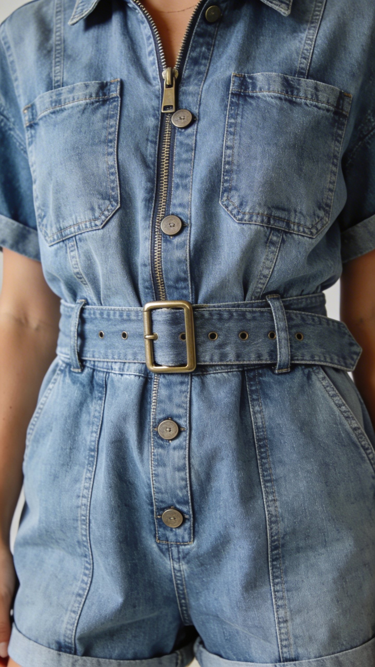 Denim romper with belt detail, front view closeup