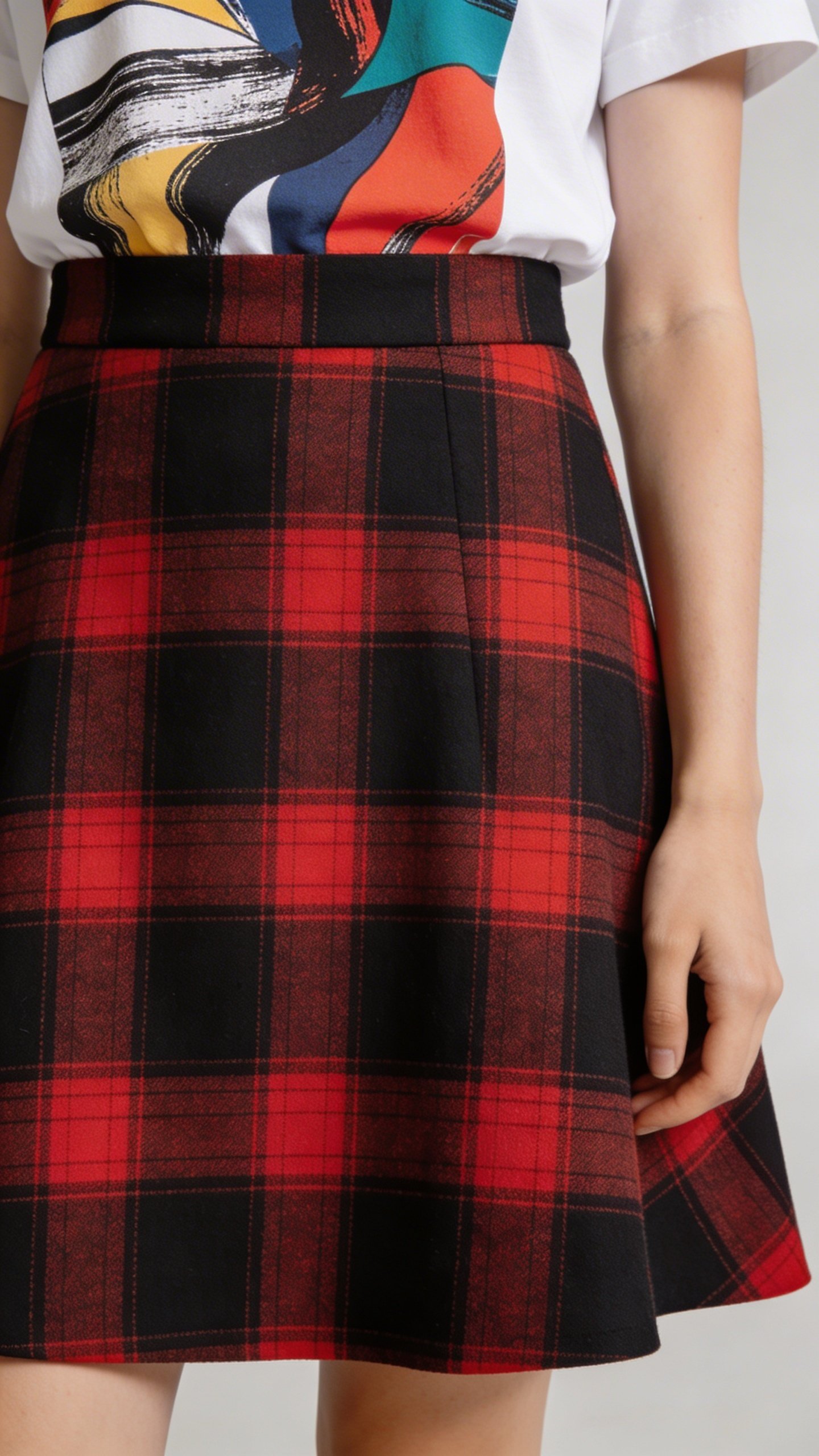 Closeup of plaid A-line skirt with graphic tee
