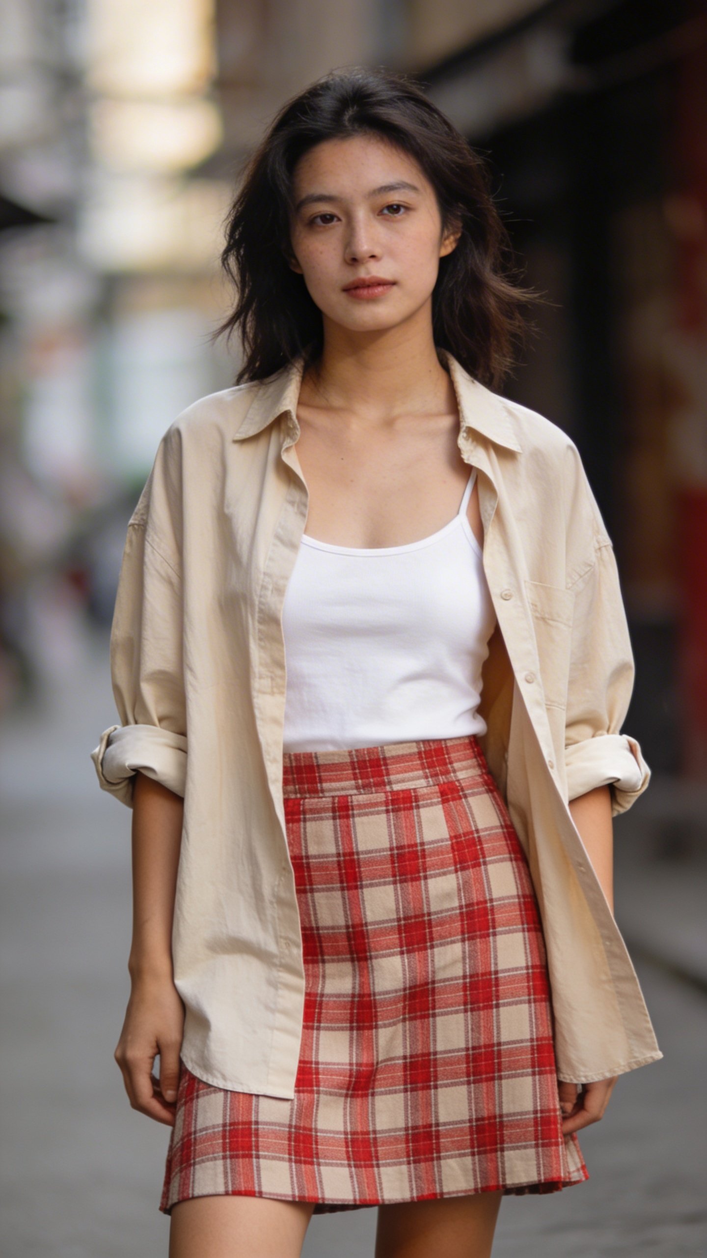 Woman wearing plaid skirt with unbuttoned oversized shirt