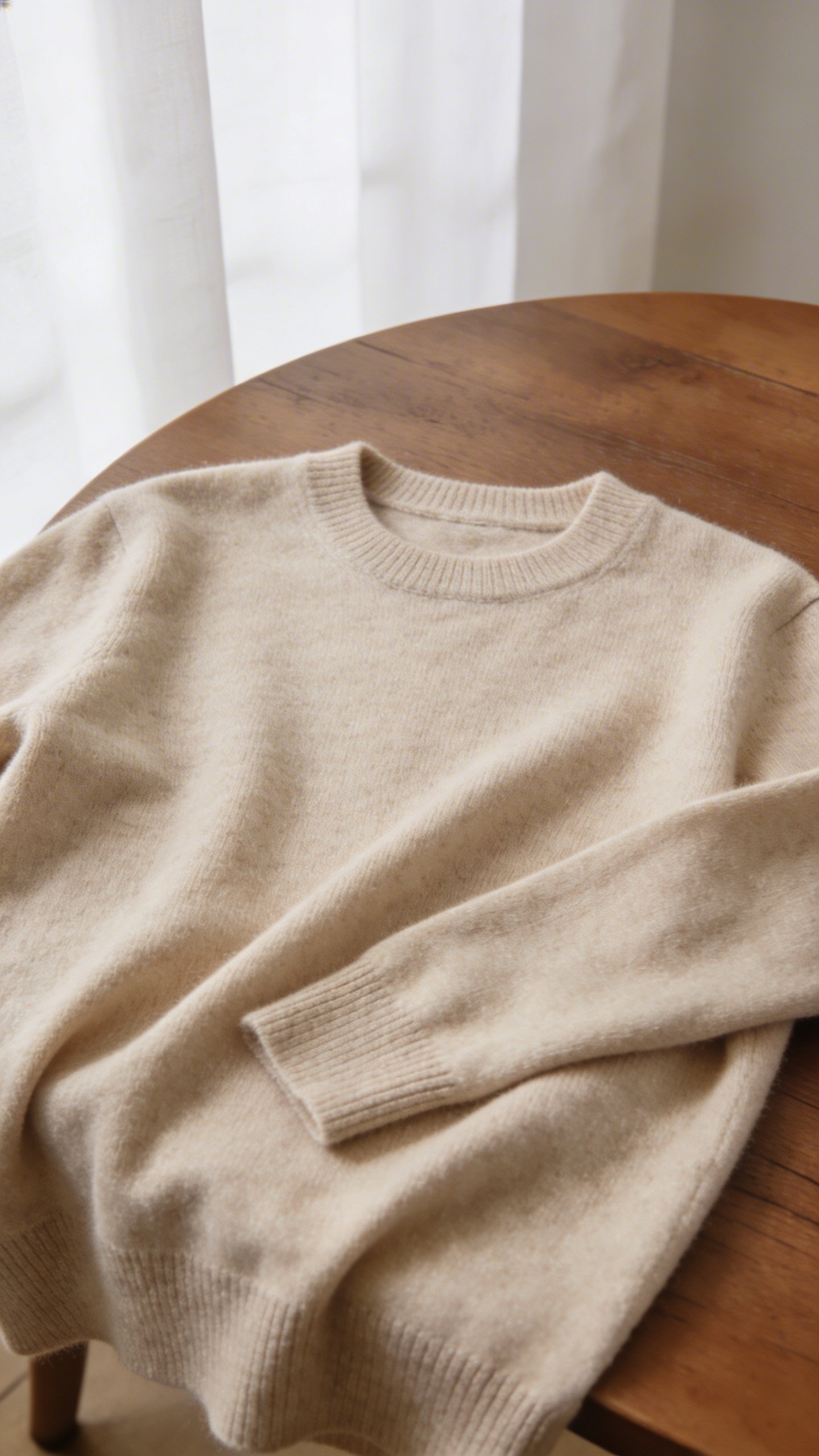 Beige cashmere crewneck sweater laid flat on table