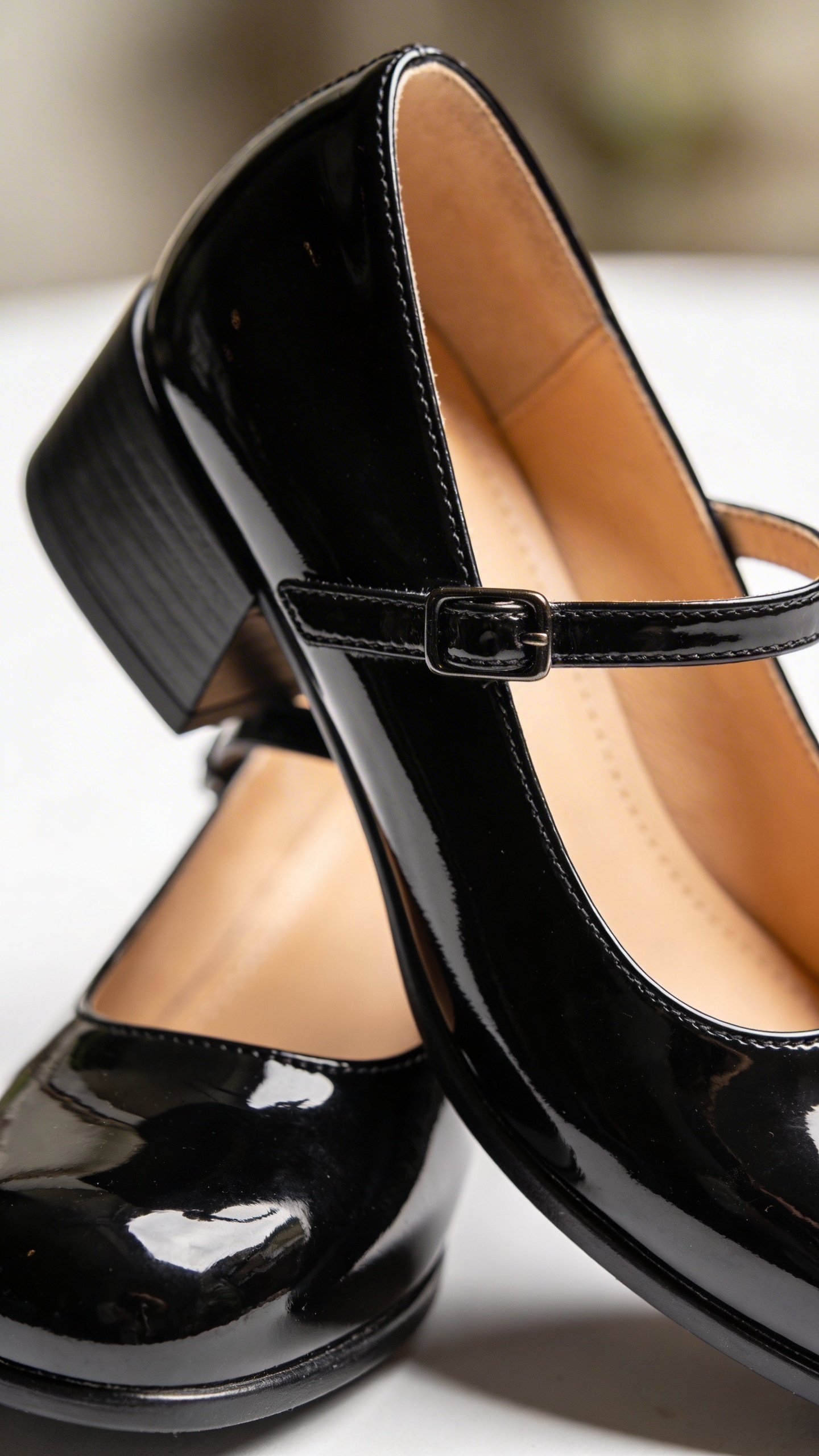 Closeup of black patent leather Mary Jane shoes