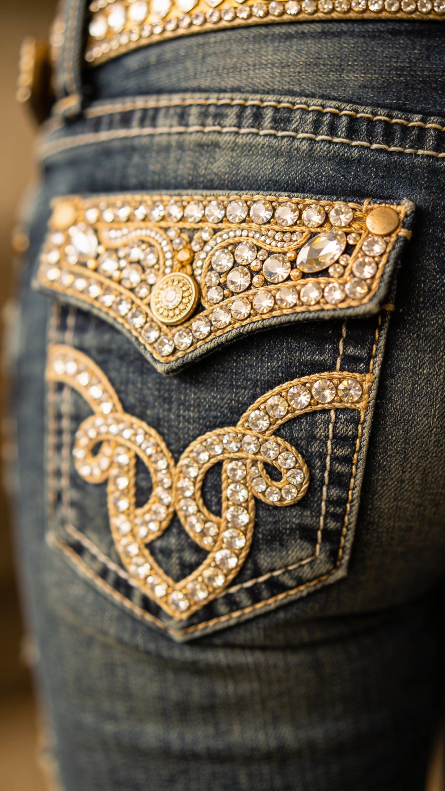Closeup of Miss Me jeans back pocket with rhinestone detailing