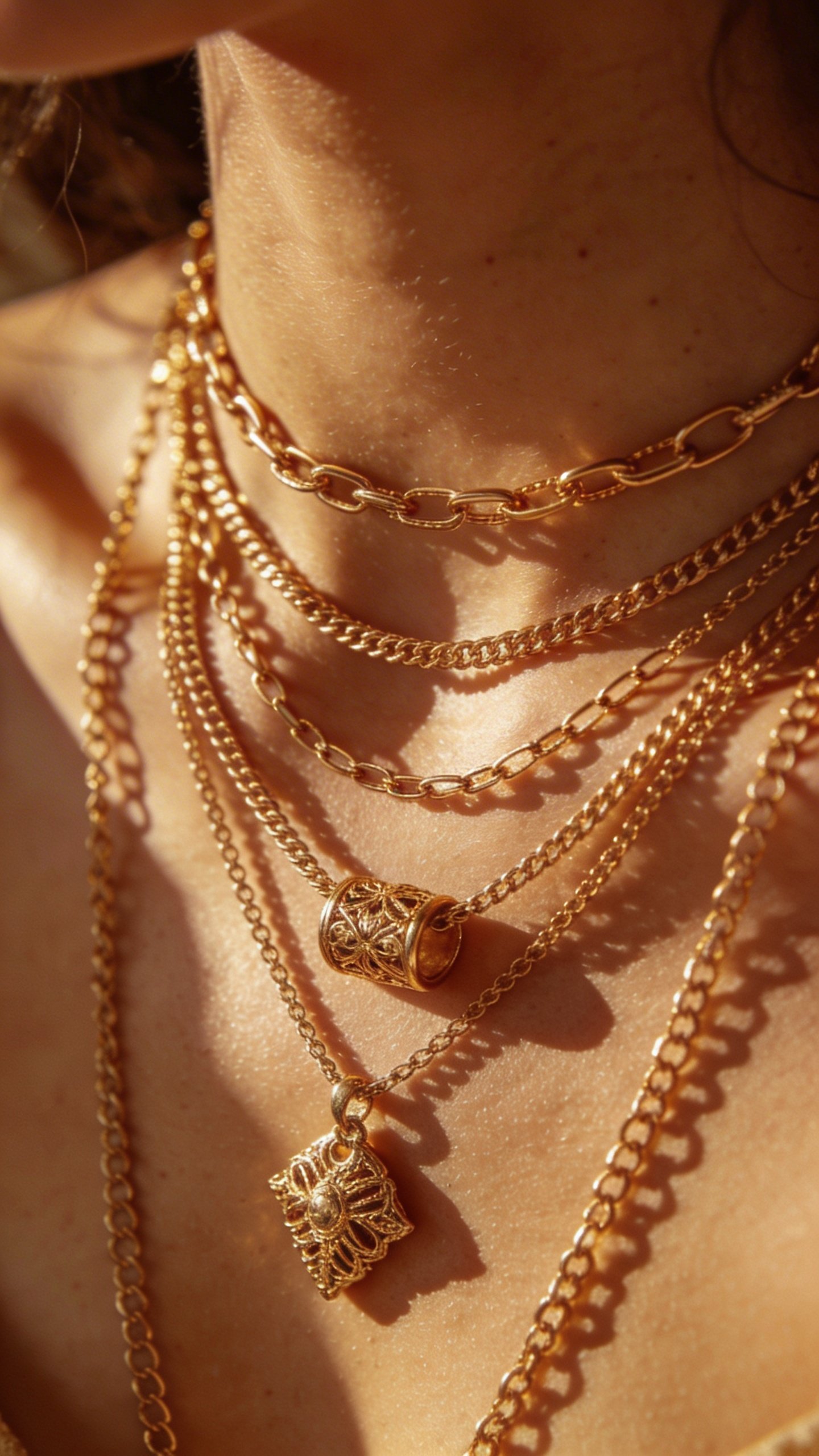 Closeup of layered gold necklaces on woman's neck