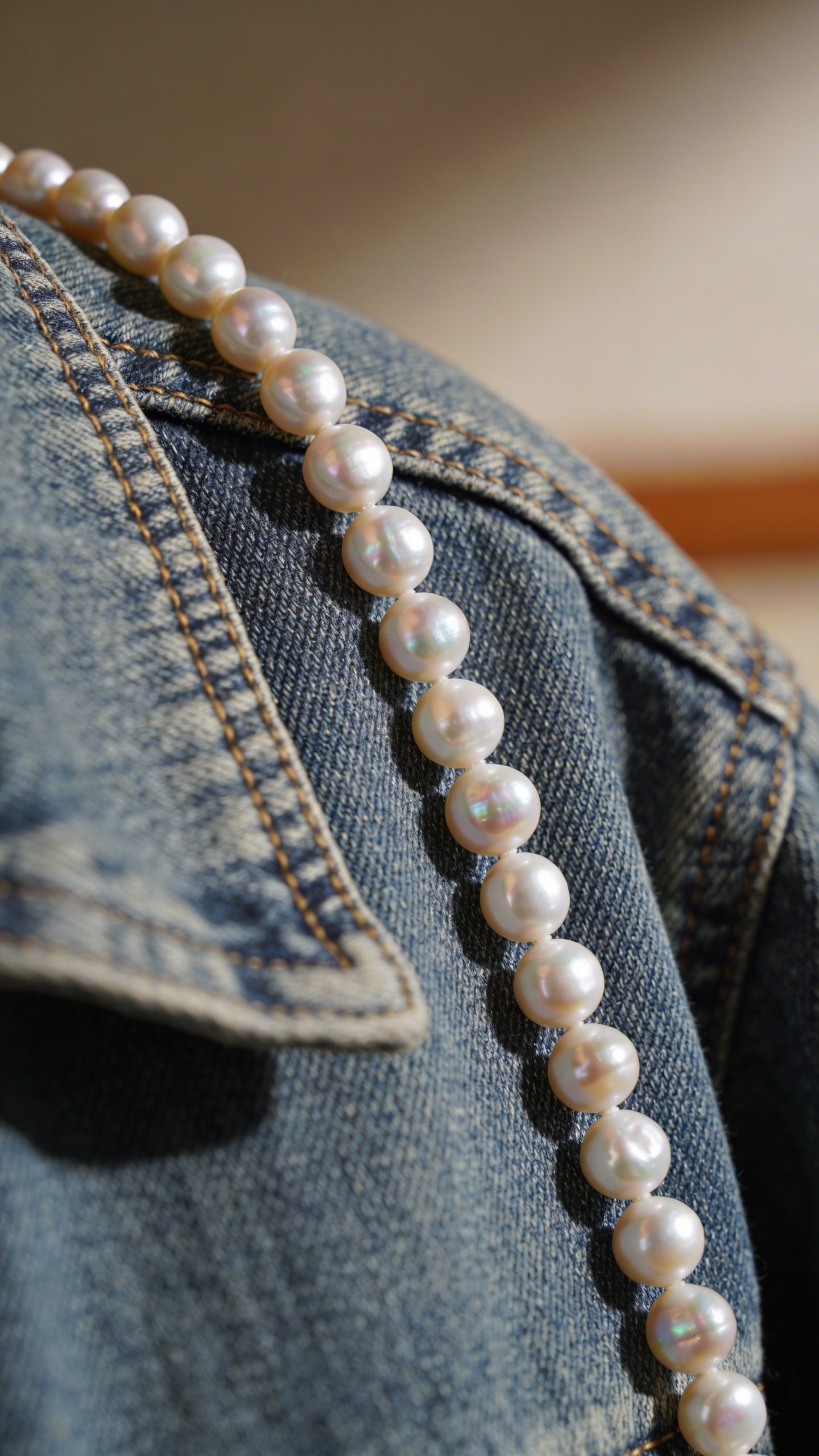 Closeup of single pearl necklace on denim jacket