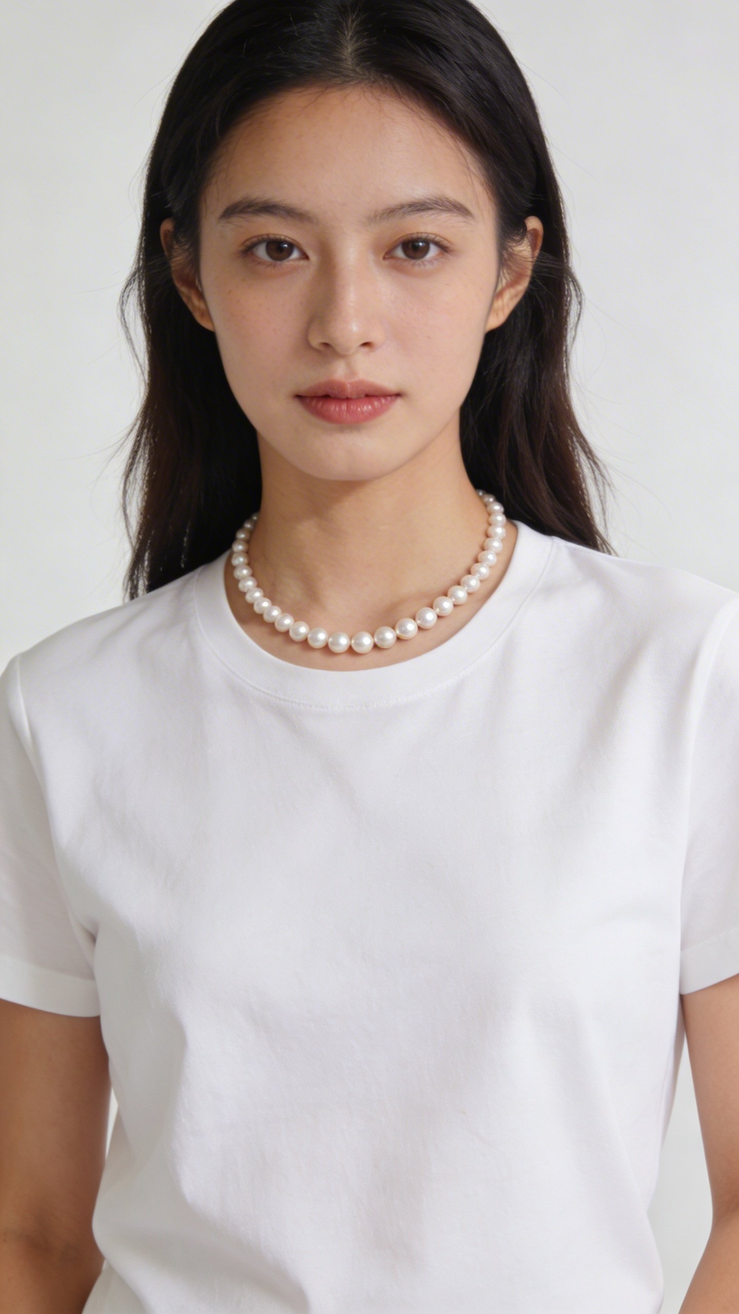 Woman wearing pearl necklace with simple white t-shirt