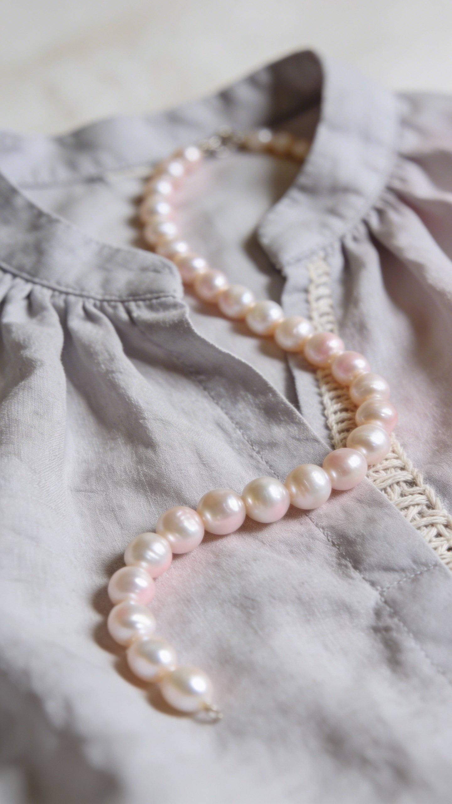 Pearl strand necklace draped on casual cotton blouse