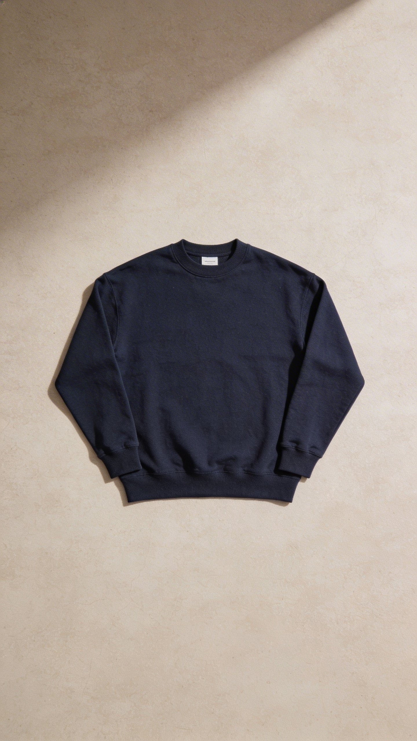 Navy crewneck sweater flatlay on neutral surface