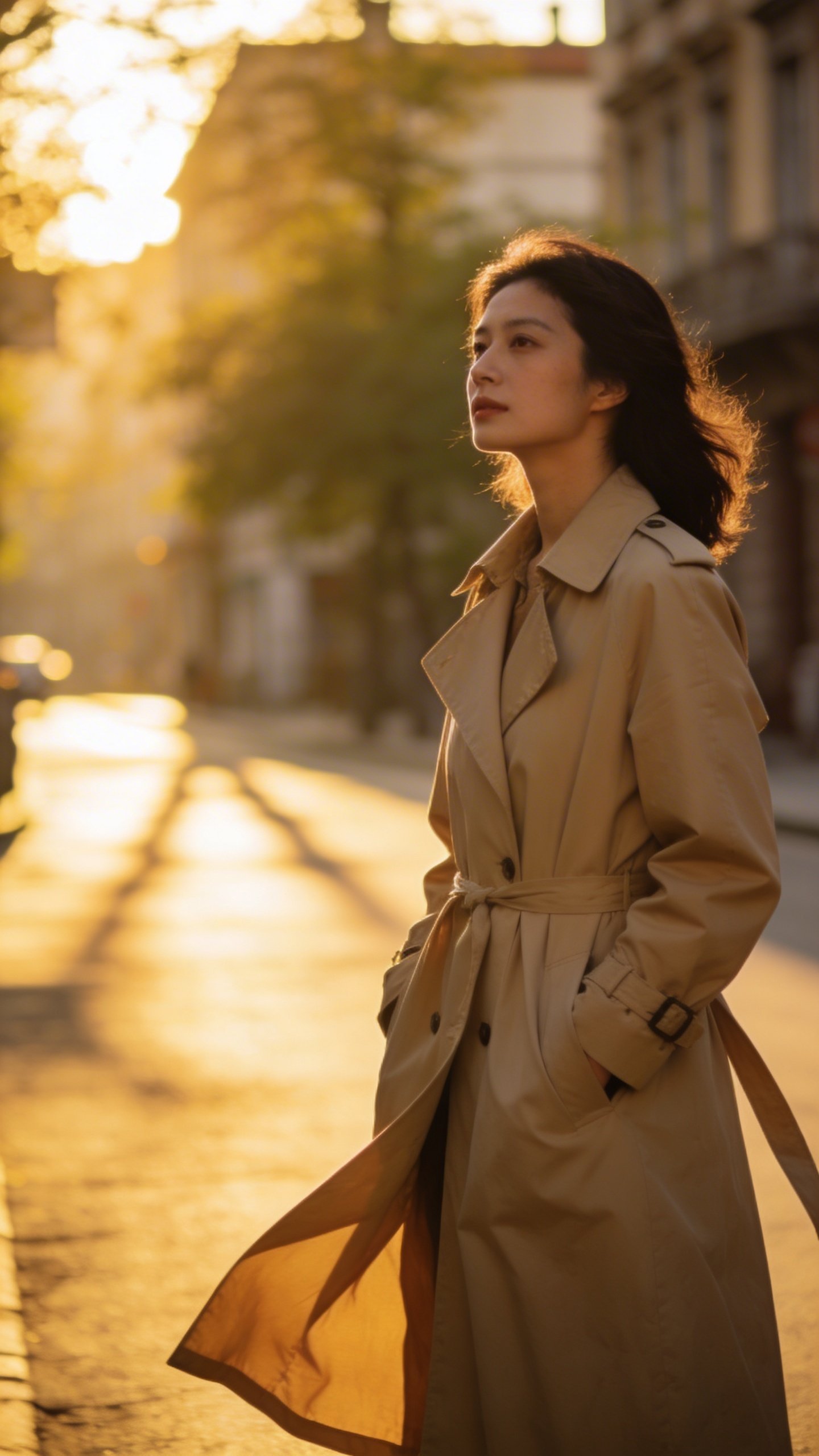 Woman in beige trench coat during golden hour