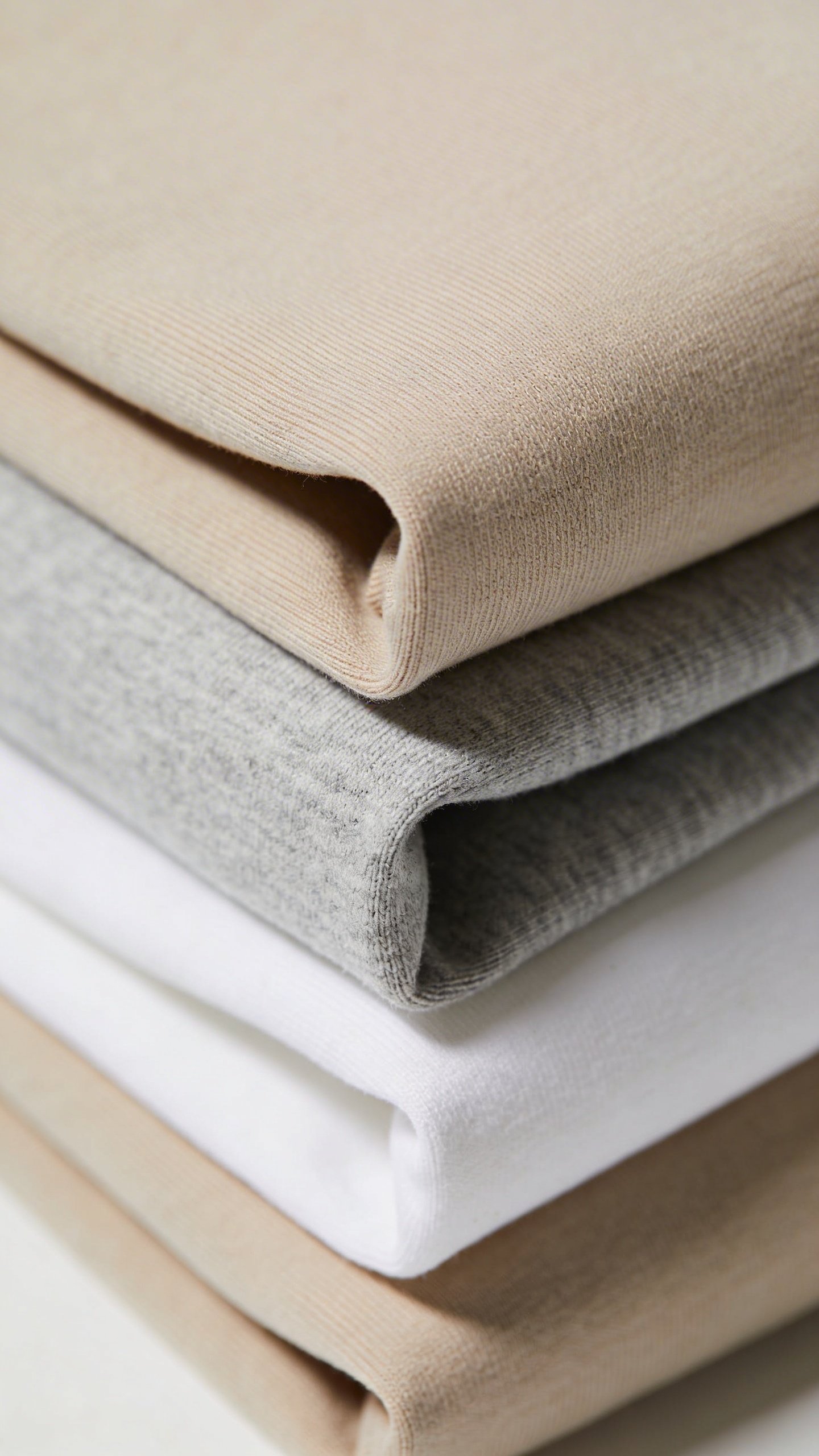 Closeup of neatly folded neutral colored cotton t-shirts