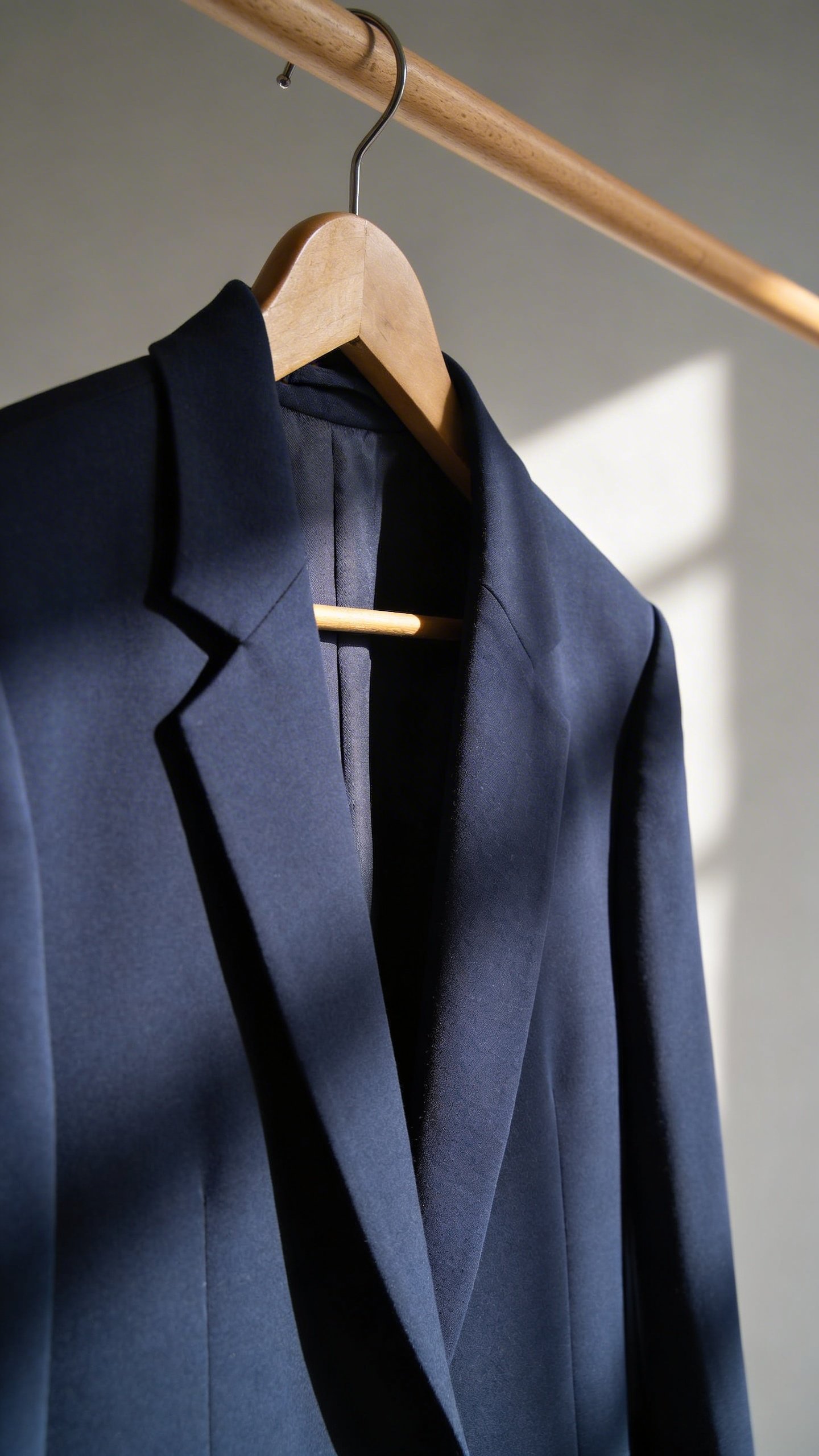 Single navy blue blazer hanging on wooden hanger