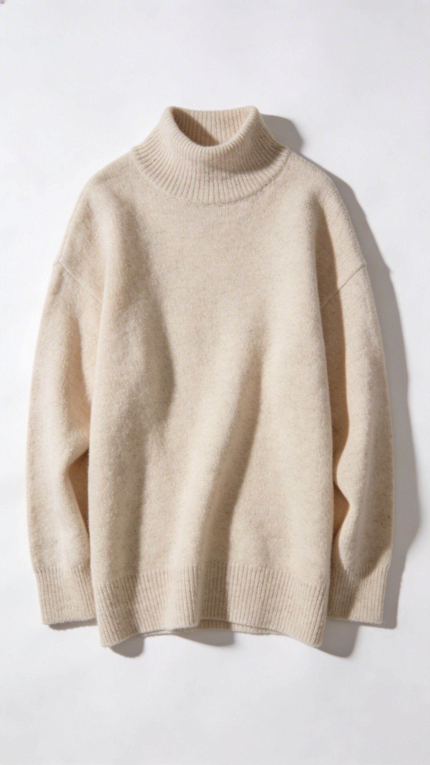 Flat lay of beige cashmere sweater on white background