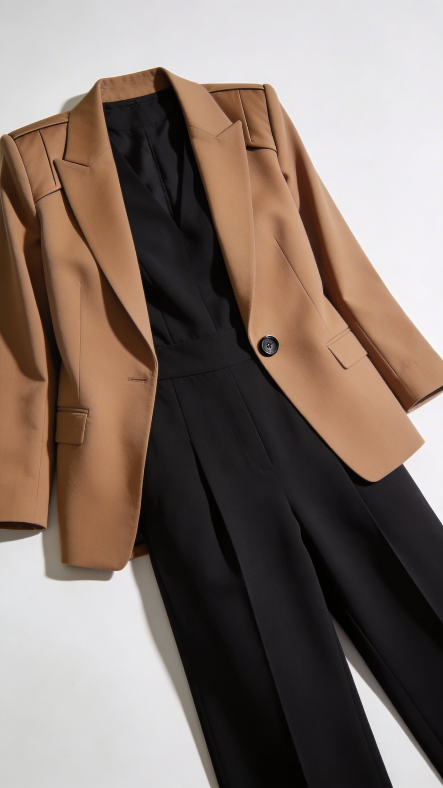 Professional black jumpsuit styled with camel blazer detail