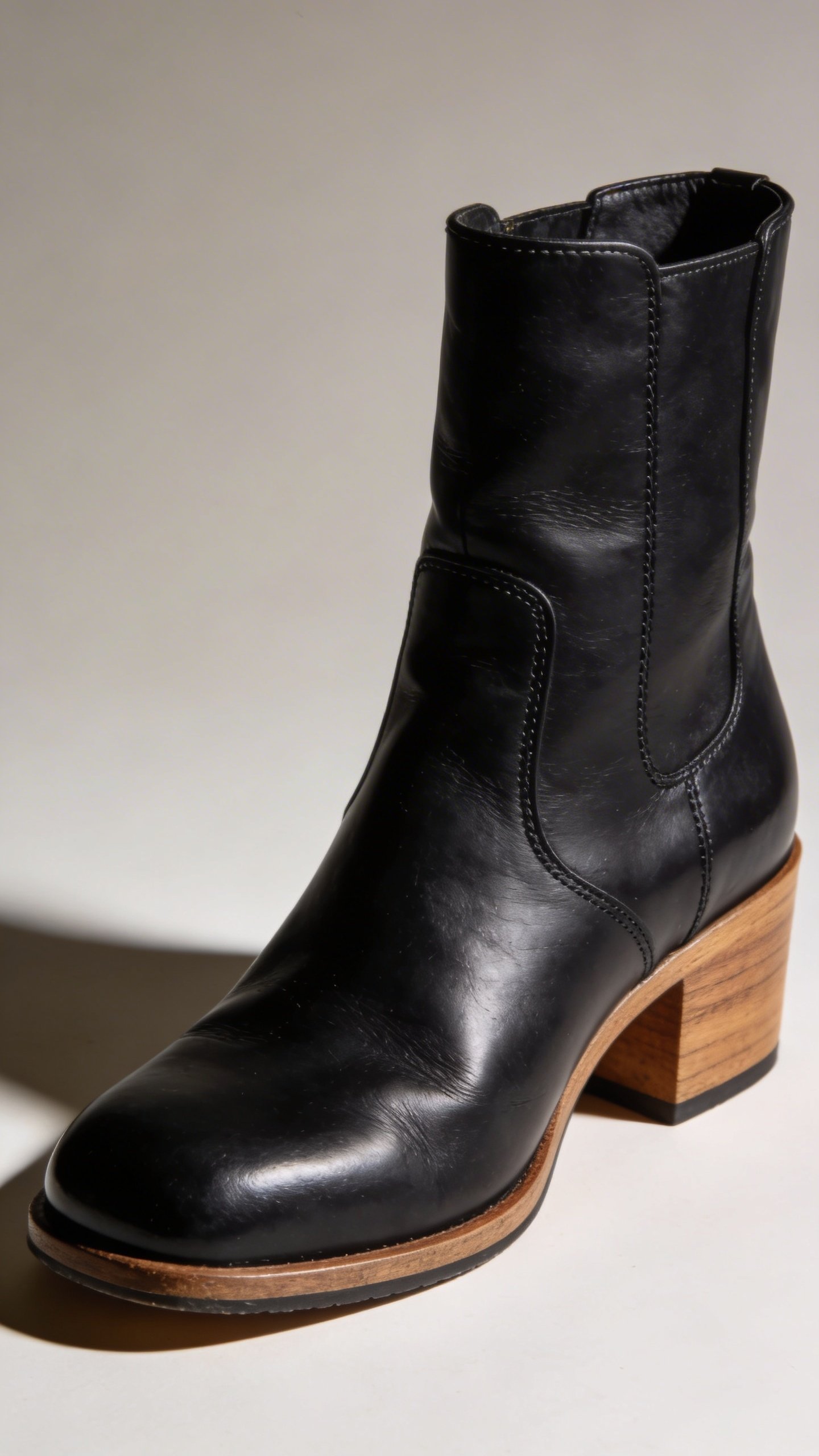 Sleek black leather clog closeup studio lighting