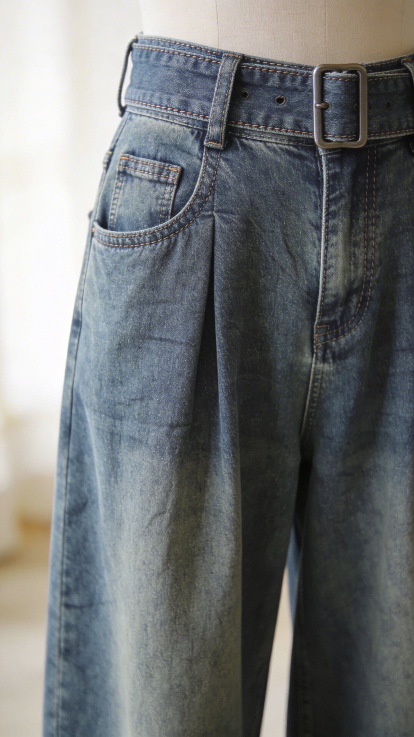 Closeup of high-waisted denim wide-leg jeans with belt