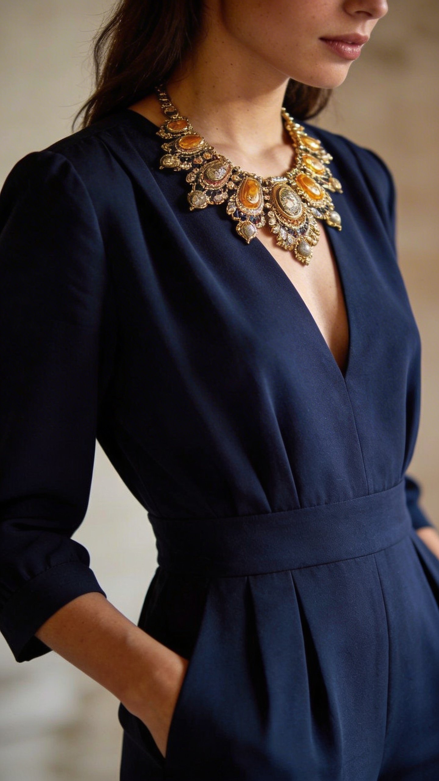 Closeup of woman styling navy jumpsuit with statement necklace