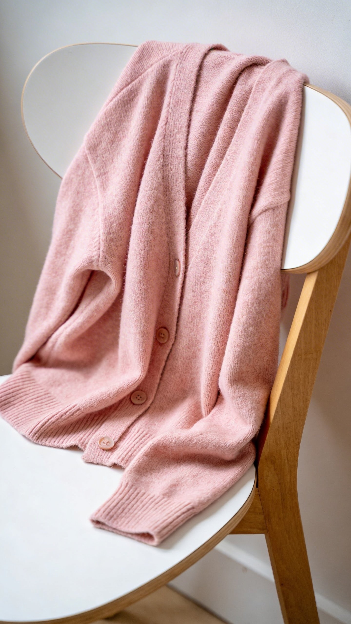 Pastel pink cardigan draped over white chair